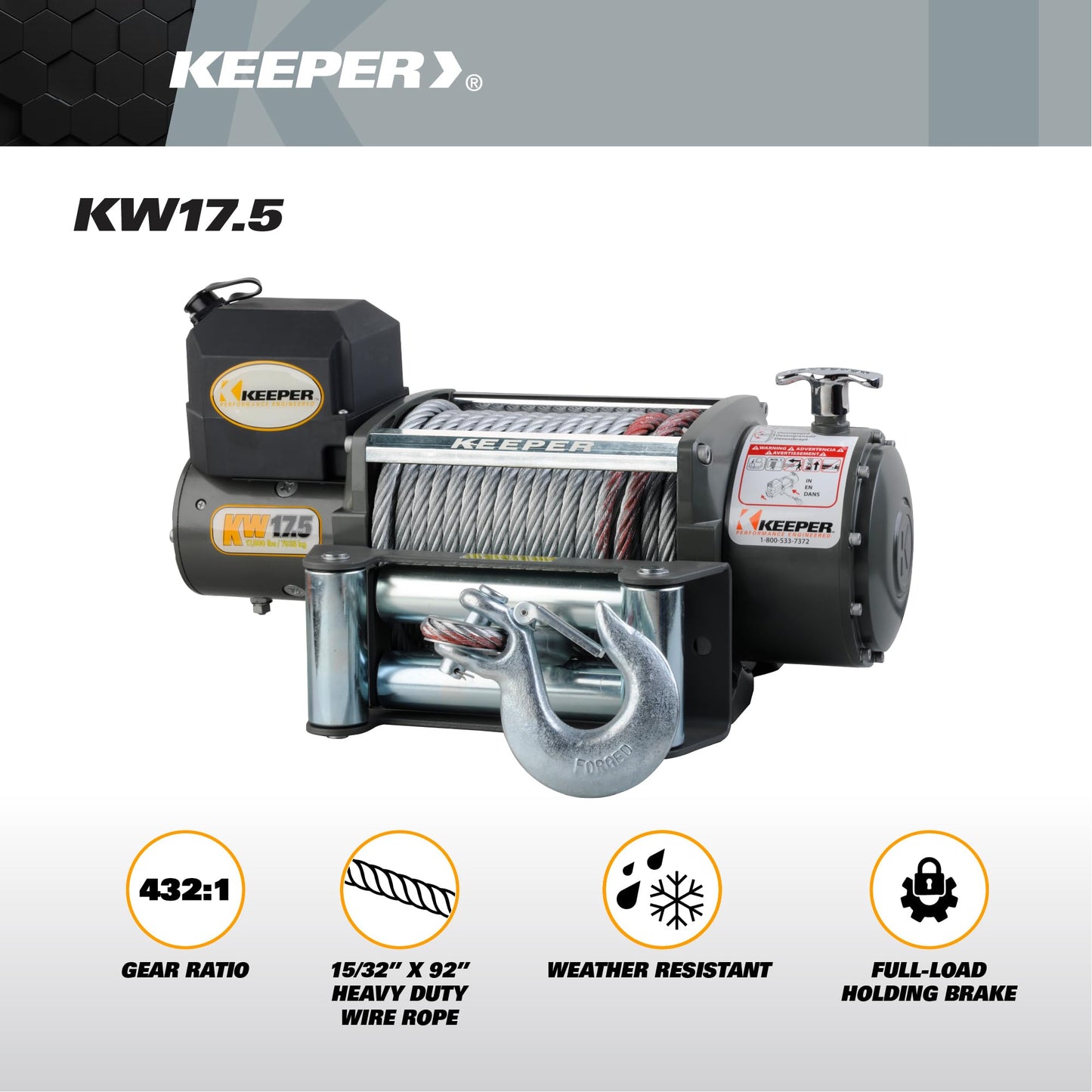 KEEPER KW 17.5 Electric Winch 17,500 lb 12V DC with Wireless Remote, Heavy-Duty Single Line Pull for Trucks, Jeeps, and SUVs, High-Performance Recovery Winch with Weather-Resistant Steel Cable