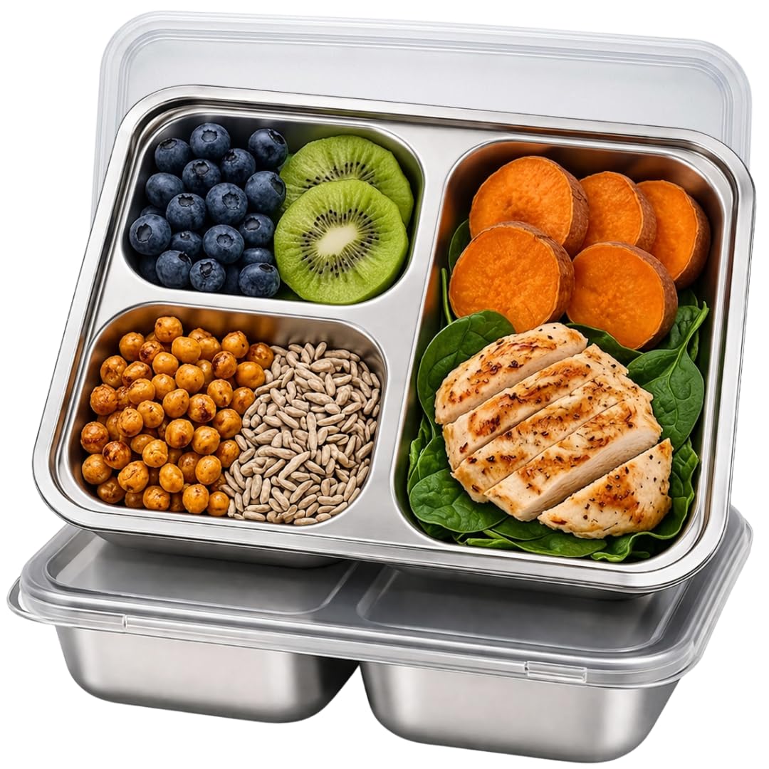 KUNSIMA 2 Pack Snack Containers for Kids, Stainless Steel Toddler Plates with Lids, 3 Compartment Food Container, Baby Plates, Stainless Steel Lunch Box for Kids, Bento Box Meal Prep Containers