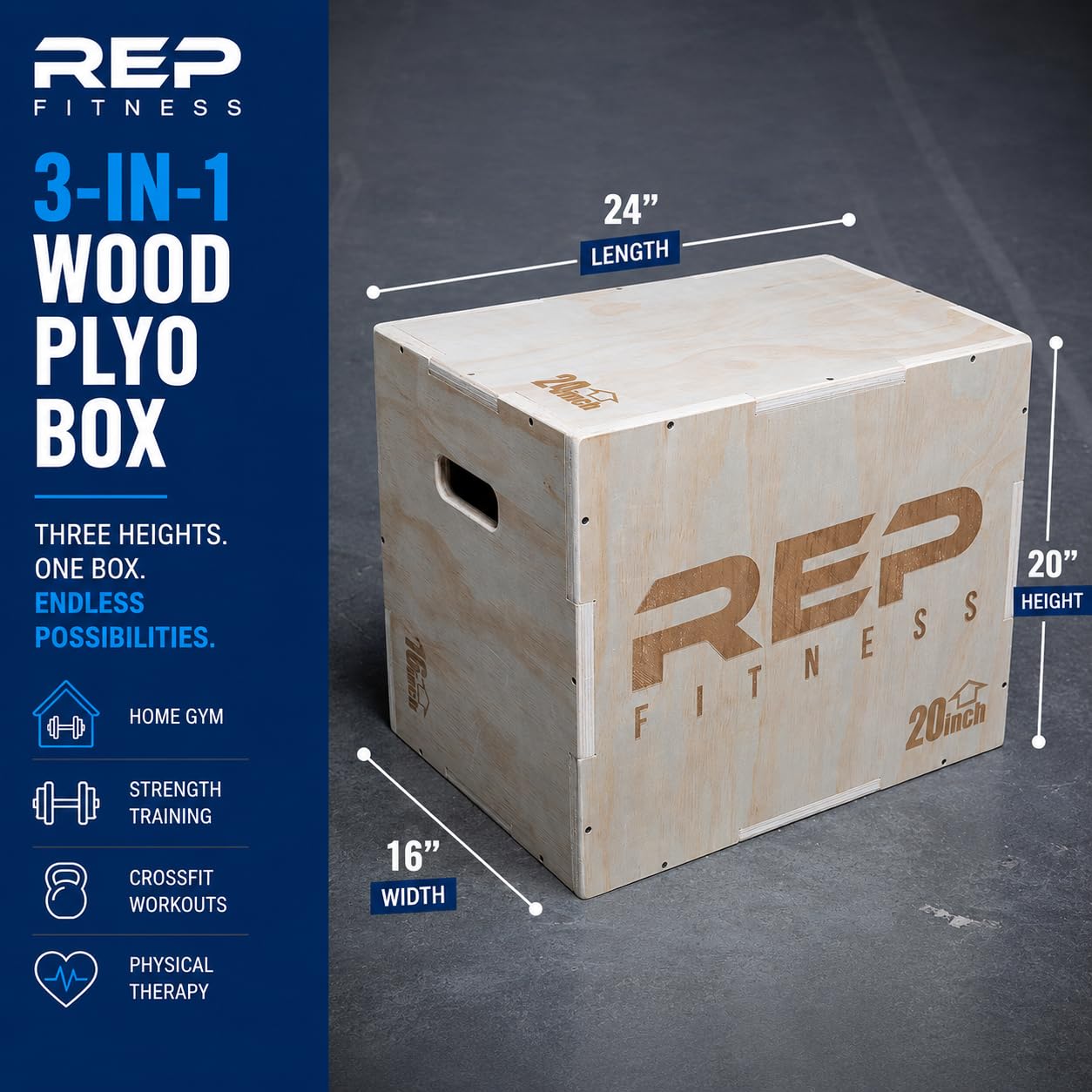 Rep Plyometric Wood Jump Box | CrossFit & Strength Training | 24/20/16 Wooden Step Platforms | Gym & Sports Workouts | Fitness, Exercise, Physical Therapy Equipment | Pro Conditioning Tool