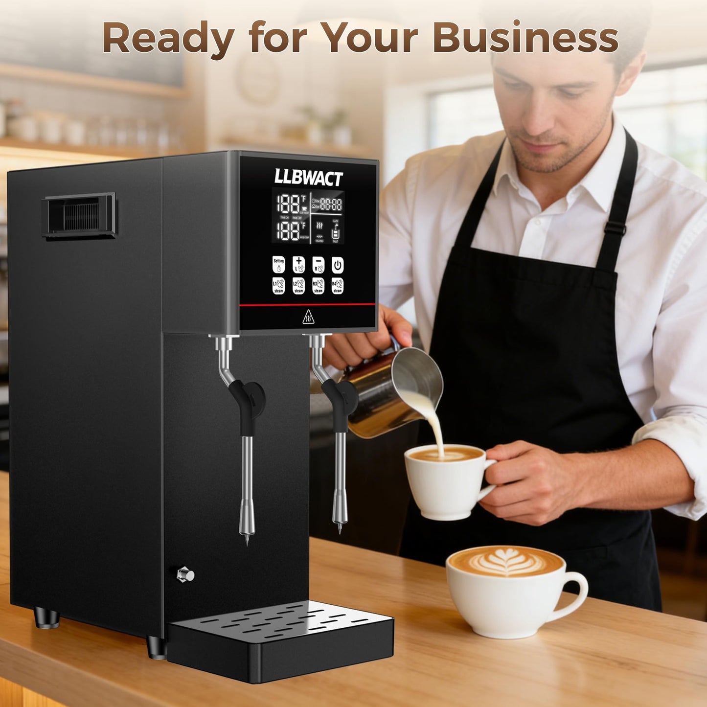 LLBWACT Dual-Head Commercial Steam Milk Frother, 2 Independent Wands, 15s Fast Frothing, 2000W 8L Continuous Steam, Independent Temp Control with LED Display for High-Volume Coffee Shop Restaurant