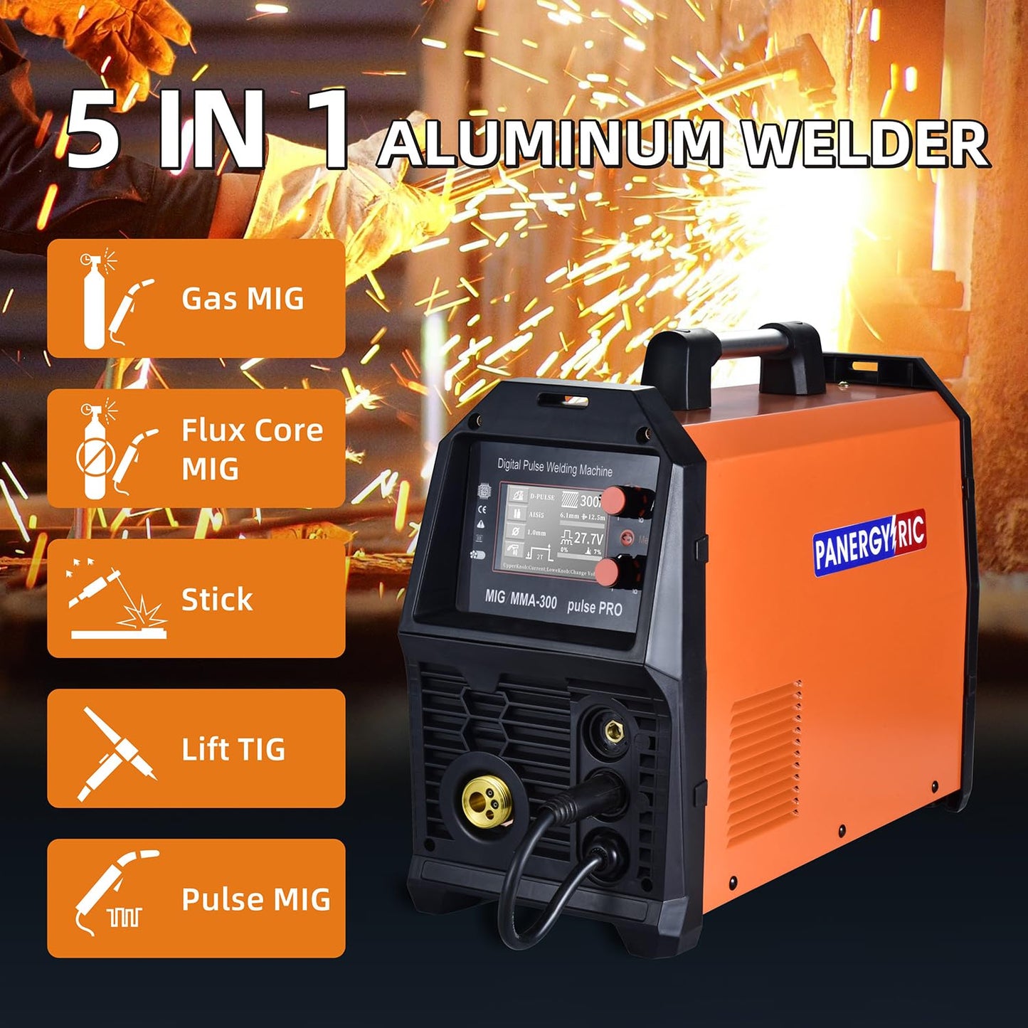 PANERGYRIC Aluminum MIG Welder with Dipulse 300A 110V/220V Dual Voltage 5 in 1 Multifunctional Welding Machine Gas/Gasless Flux MIG/Pulse MIG/Lift TIG/Stick with LCD Digital Display