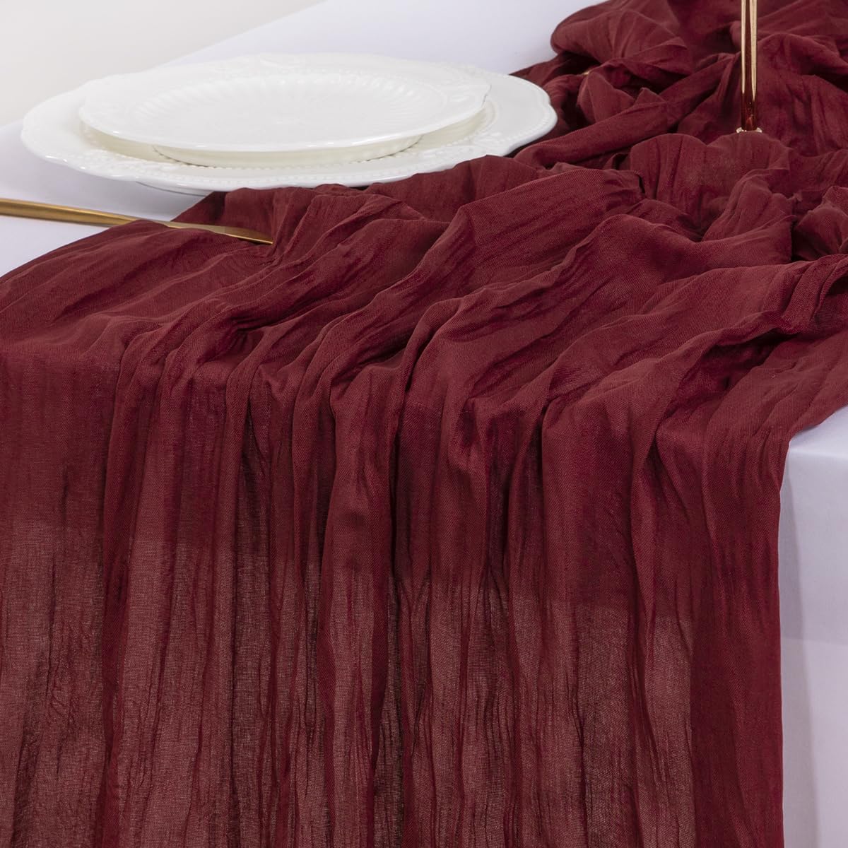 Socomi Burgundy Red Cheesecloth Table Runner - 120 Inch Boho Rustic Decor for Weddings & Events