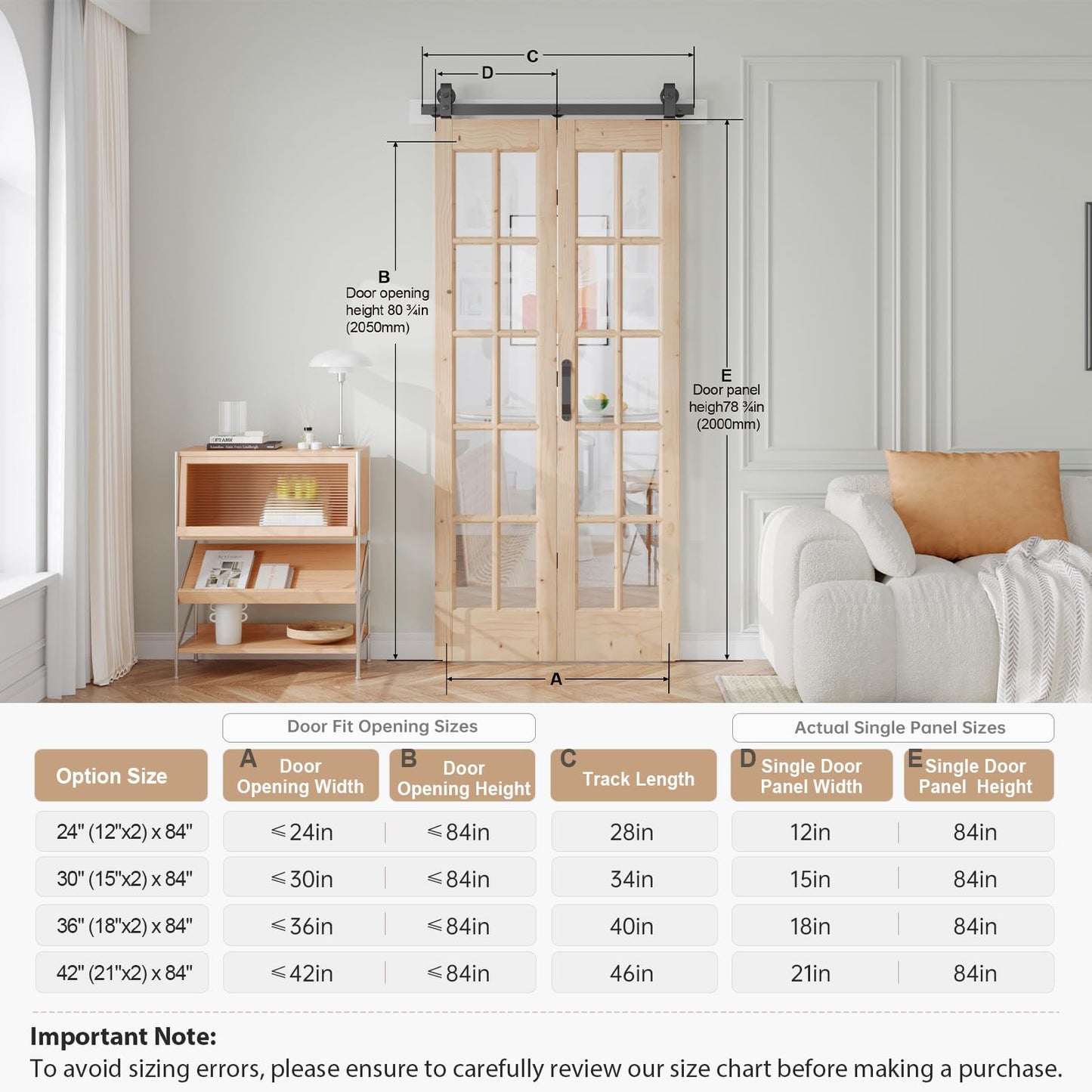 Easelife 42in x 84in(Double 21x84inch) Bifold French Glass Door,Sliding Folding Barn Doors with 3.8FT Hardware Track kit Included,Preassembled,Easy Install