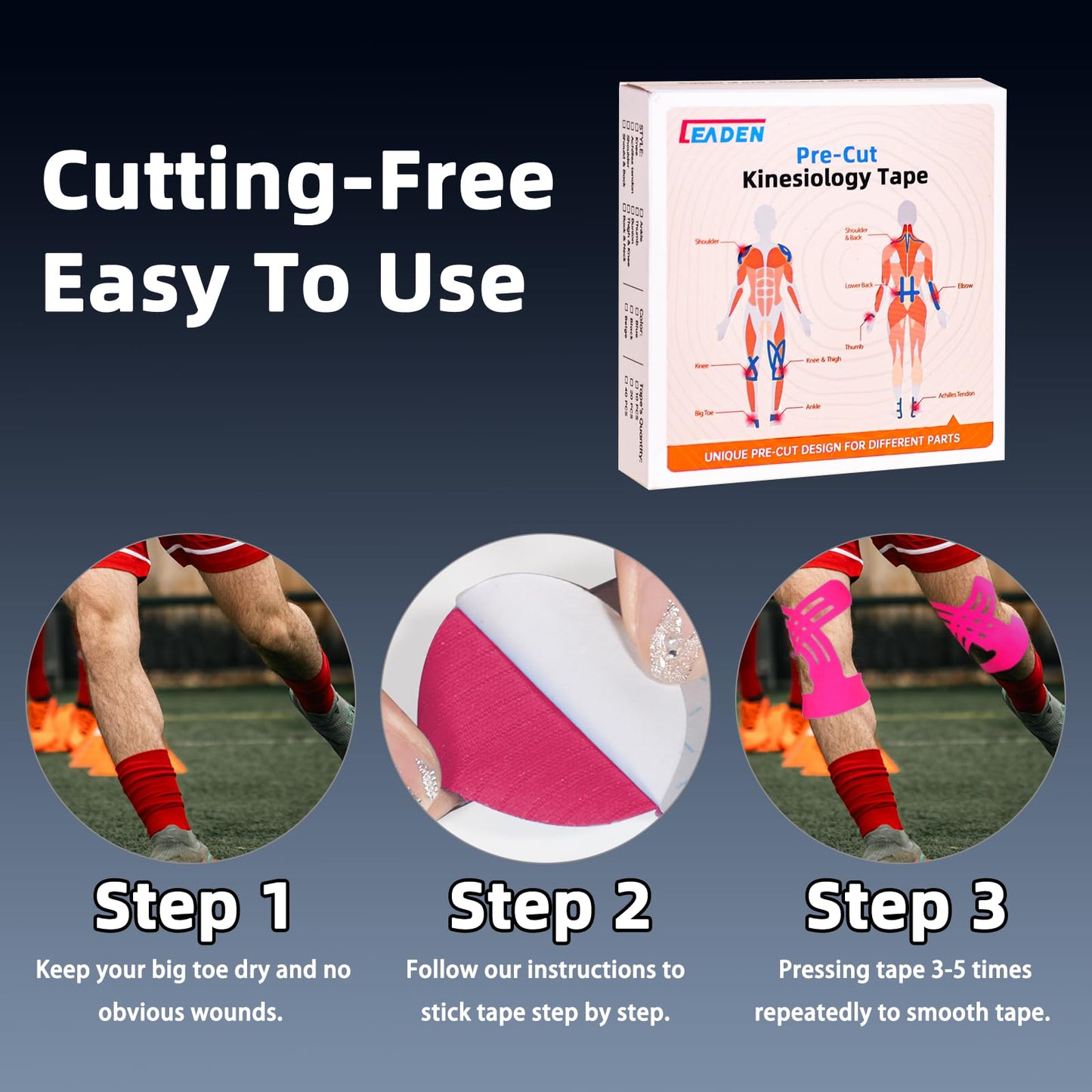 IEADEN Precut Kinesiology Tape for Knees, 10 Pcs, Upgraded, Knee Support & Stability, Knee Pain Relief Athletic Tape - Waterproof & Elastic, Breathable Hypoallergenic Latex-Free Tape, Pink
