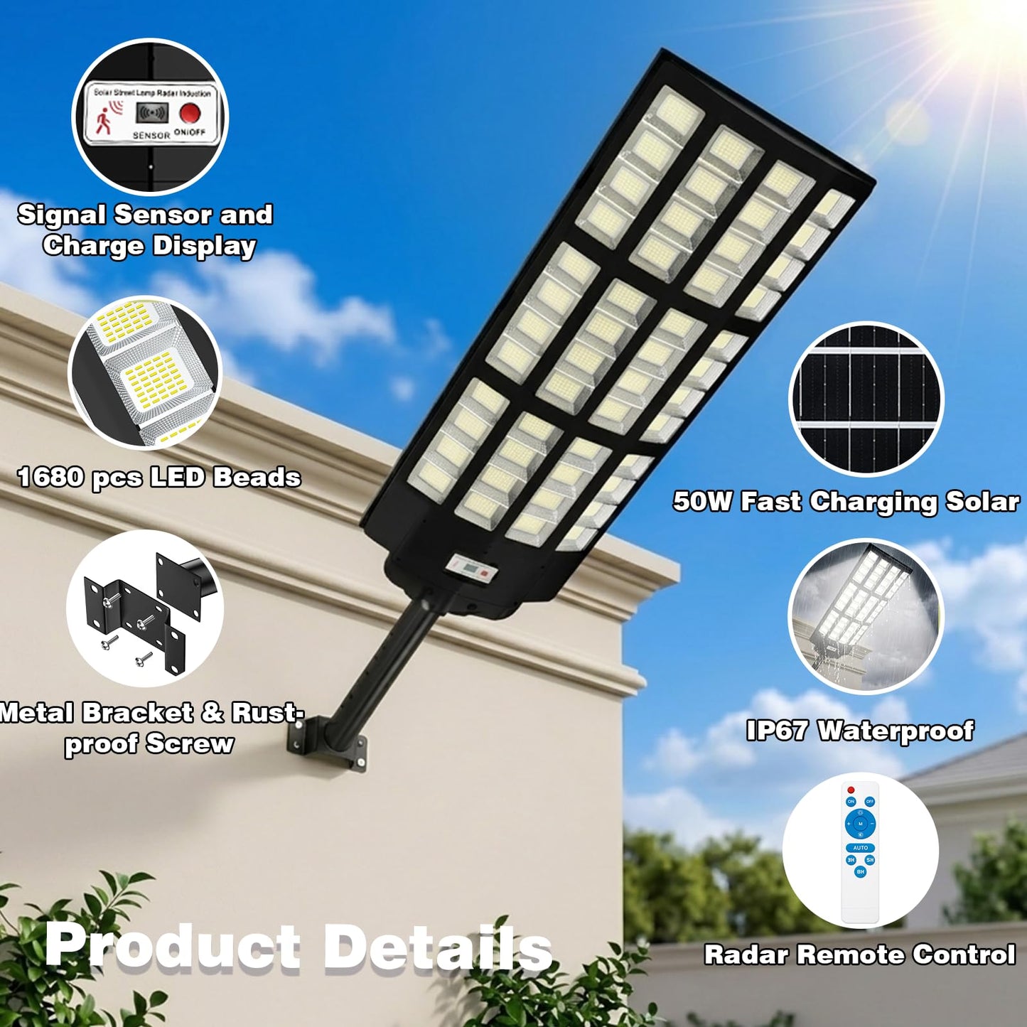 MOXNICE Solar Street Lights, 13000W Solar Lights Outdoor, 7500K Daylight Motion Sensor Security Light with Remote, IP67 Waterproof Dusk to Dawn LED Flood Light for Parking Lot, Yard, Driveway, Garden
