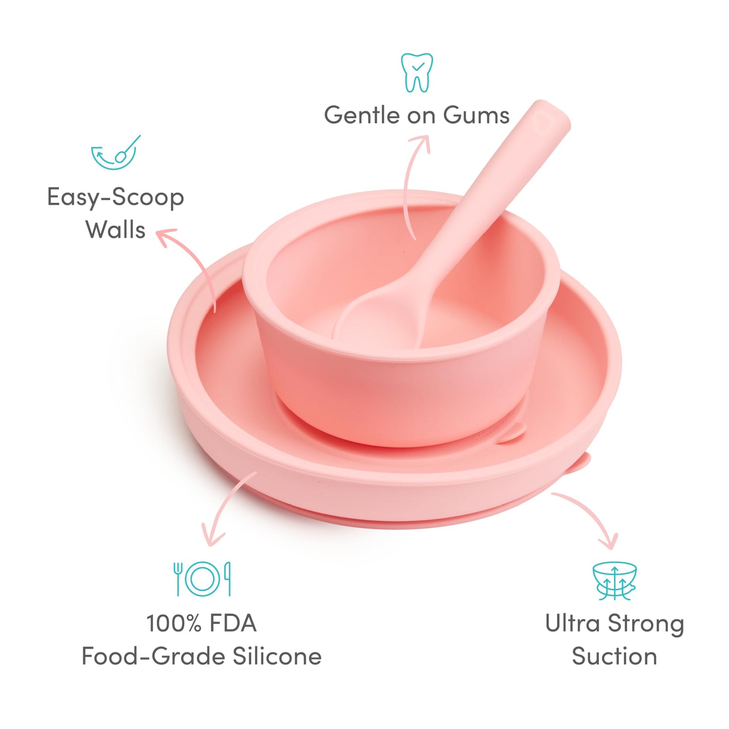Munchkin Silicone Baby Feeding Set, Toddler Suction Bowl, Plate and Spoon, Baby Led Weaning and Infant Self Feeding, C’est Silicone! Mealtime Set, 4 Months and Up, BPA Free, Coral