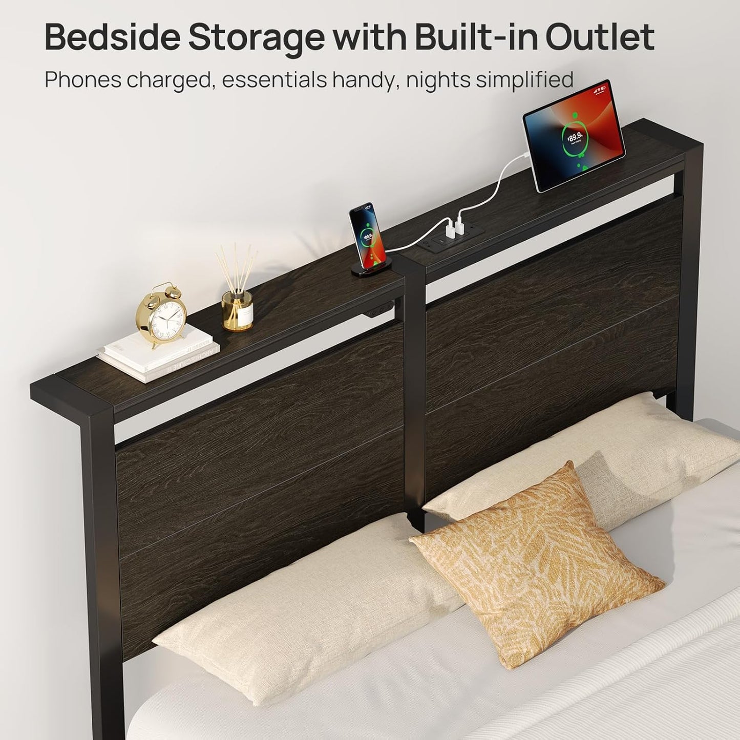 Rolanstar Queen Bed Frame - LED Headboard with Charging Station | Noise-Free Black Oak Design