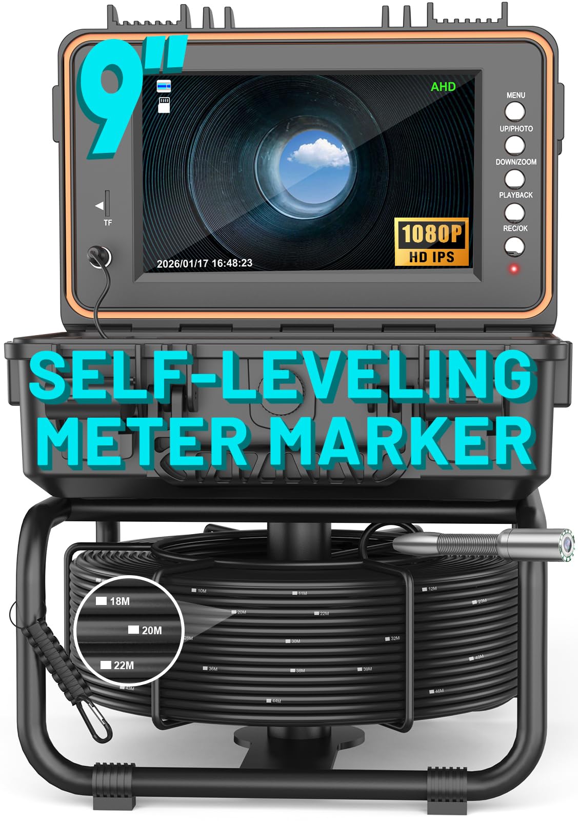 Anysun Sewer Camera Self Leveling 100ft, Sewer Inspection Camera with Meter Marker,HD Screen, DVR, 12 Adjustable LED Lights, 5mm Cable, 5100mAh Rechargeable Battery, 32GB Card