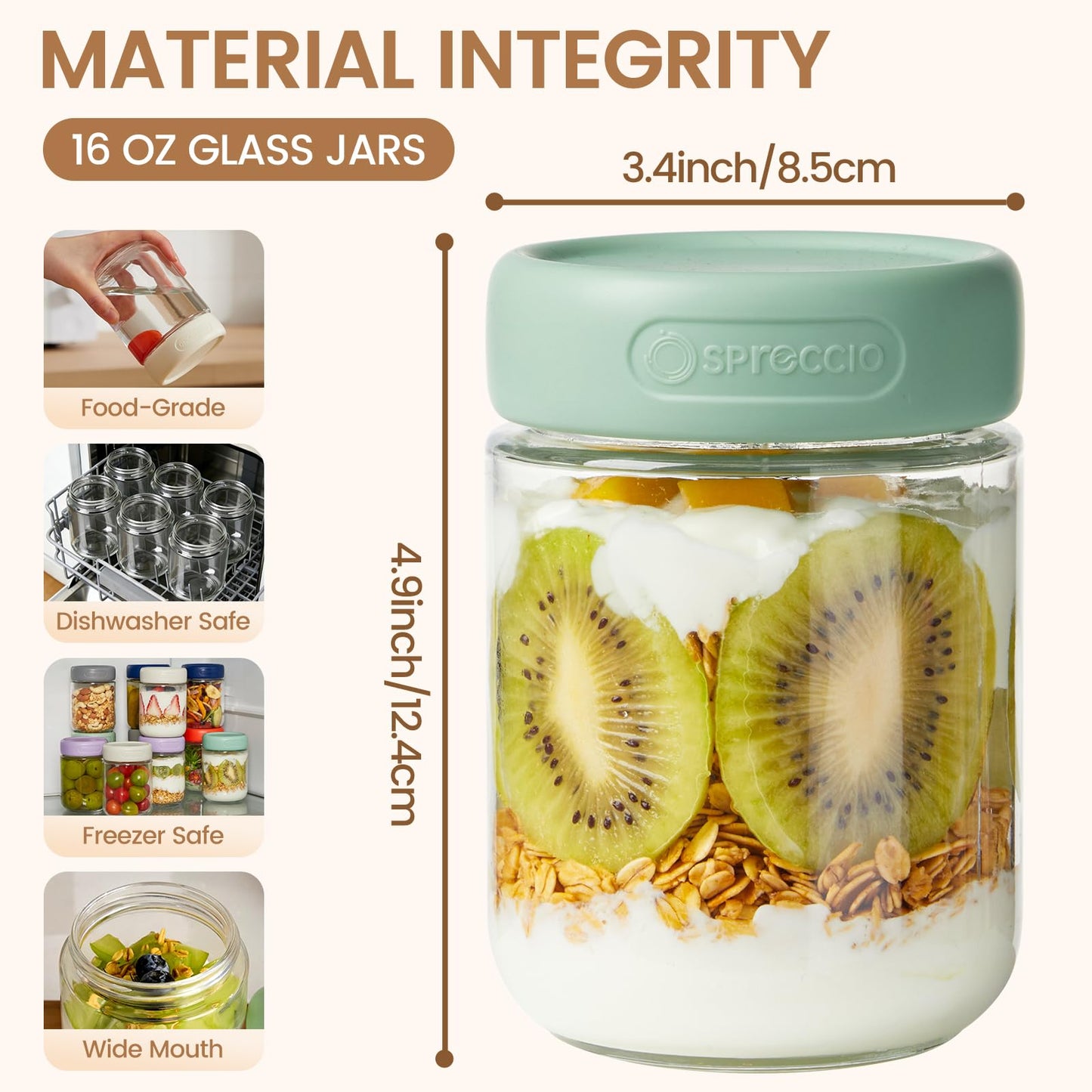 Spreccio 6 Pack 16oz Glass Jars with Lids, Overnight Oats Containers with Lids, Yogurt Jars for Chia Pudding Salad Cereal Coffee Seed Kimchi Jam Spices