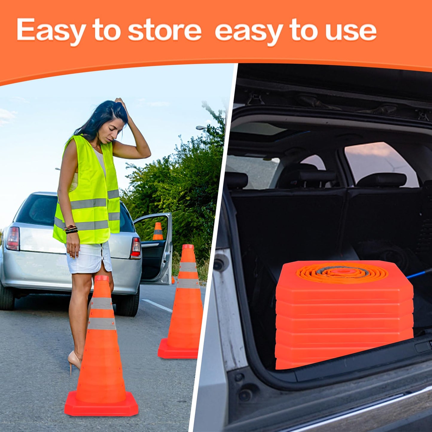 TENKAIWICK 18 Inch 6 Pack Traffic Cones,Collapsible Safety Cones,Multi Purpose Pop-up Cones with Reflective Collar,Orange Cones for Parking lot, Driveway, Driving Training etc