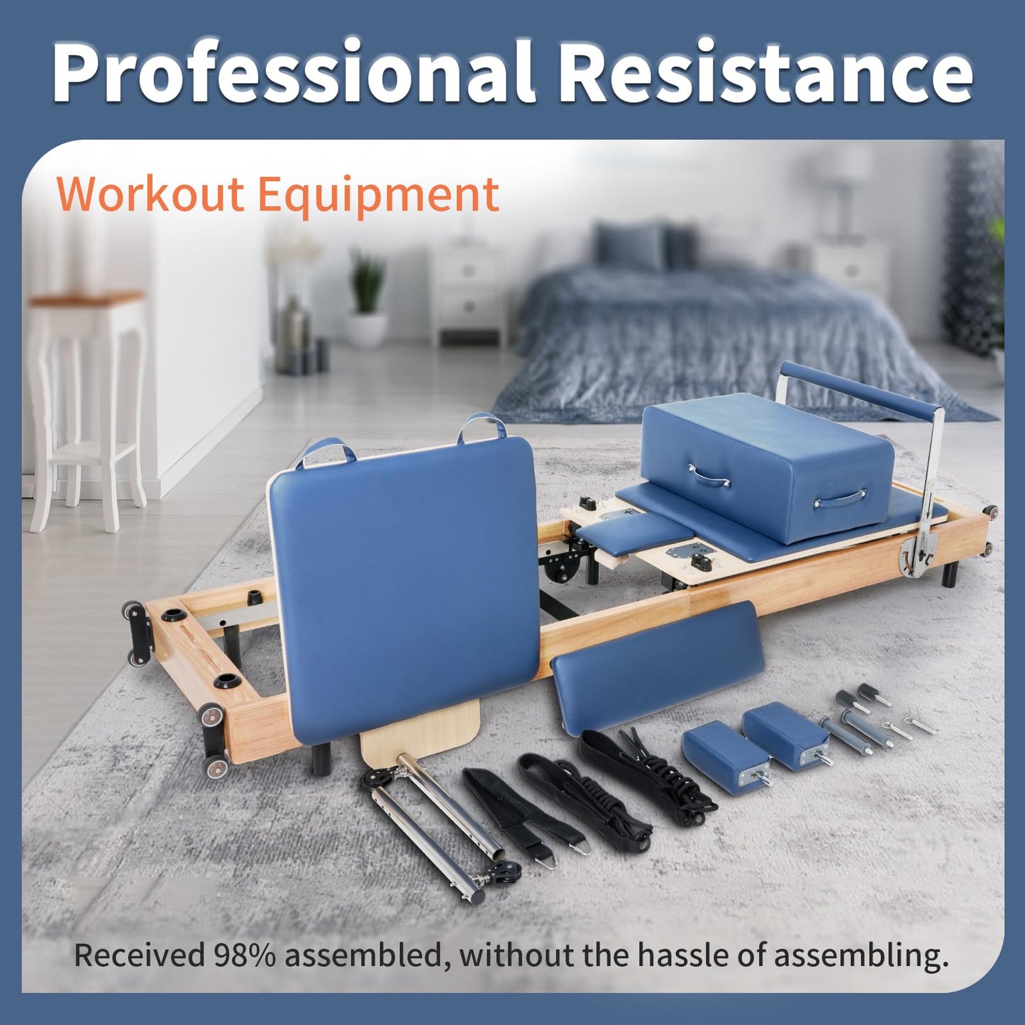 Foldable Pilates Reformer Machine, Oak Wood Pilates Equipment for Home Workouts and Studio Training, Reformer with Box, Jump Board, Foot Board and Accessories (Blue)