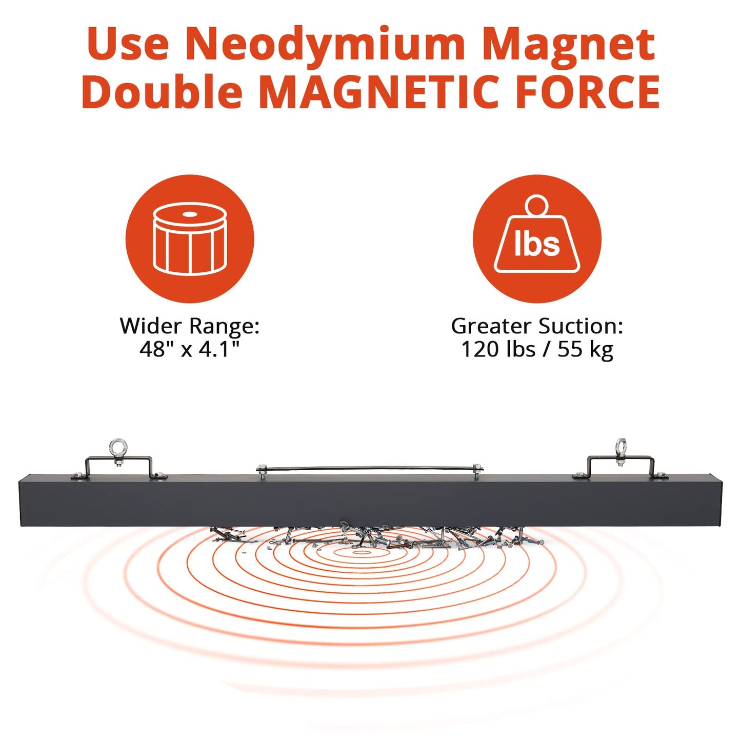 Garvee Magnetic Sweeper 48'' Hanging Magnet Sweeper 120 LBS Magnetic Forklift Sweeper Industrial Magnets for Picking Up Nails, Bolts, Iron Chips Steel Material Magnet Accessories (48 Inch)