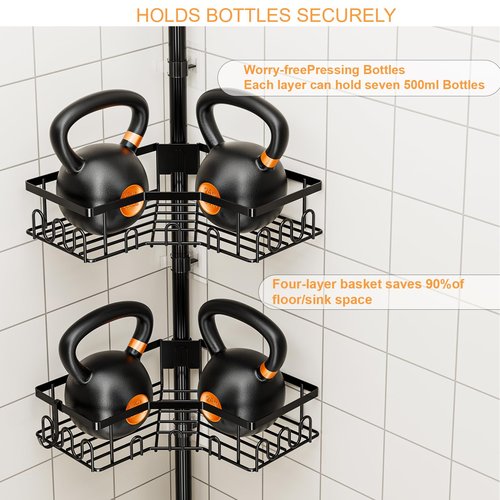 HouseUp Corner Shower Caddy Tension Pole - 4-Tier Shower Corner Shelf for Bathtub Bathroom Shower Organizer - Adjustable 34in-120in, Space Saving Bathtub Accessory Shelves, Black