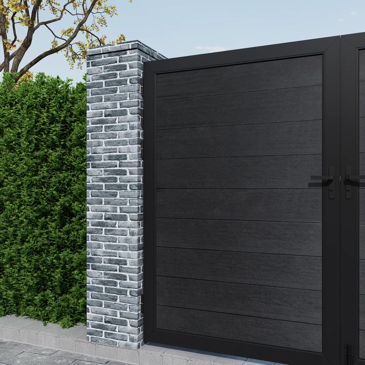 Mondaria Wood Plastic Composite Gate for Privacy Fence, 6ft(H)*6ft(W) Double Fence Gate with Metal Frame and Knob Kits, Black (Without Post)