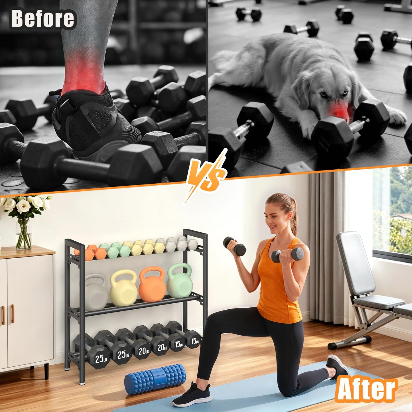 Upgraded Dumbbell Rack, 600LBS Heavy Duty Weight Rack for Home Gym, 3 Tier Weight Rack for Dumbbells & Kettlebells Organizer (Rack Only)