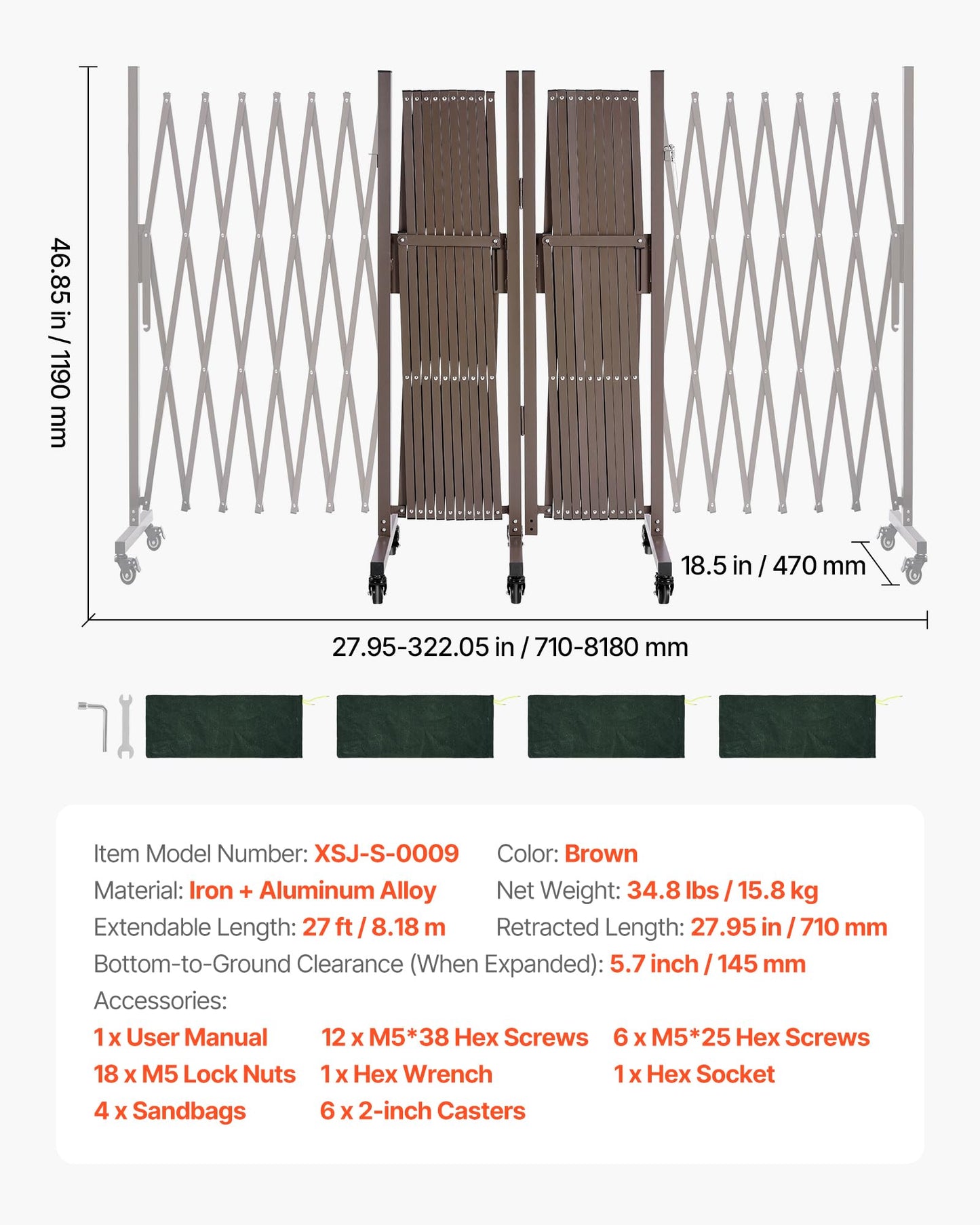 VEVOR Double Expandable Barricades, 27FT Expandable Safety Barrier, 0-180° Rotatable Mobile Barricade with Locking Casters, Portable Folding Security Gate Traffic Fence for Patio Garden Stairway