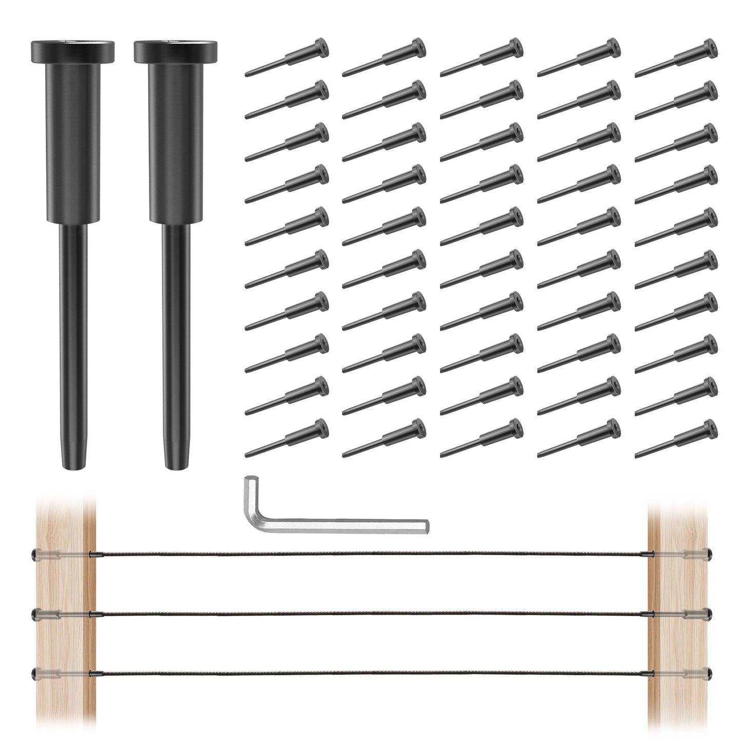 Skoworm 50pcs Black Invisible Cable Railing Hardware, 1/8" T316 Stainless Steel Invisible Receiver, Threaded Stud Tensioner Kit Hardware for 2×2" Wood Metal Post Wire Railing Deck Cable Railing Kit