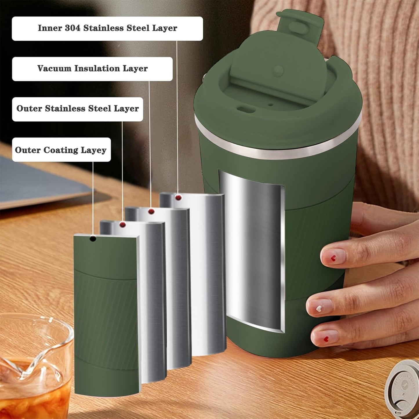 Skiennix Insulated Stainless Steel Coffee Tumbler - Reusable Travel Mug, BPA Free, 17 oz, Olive