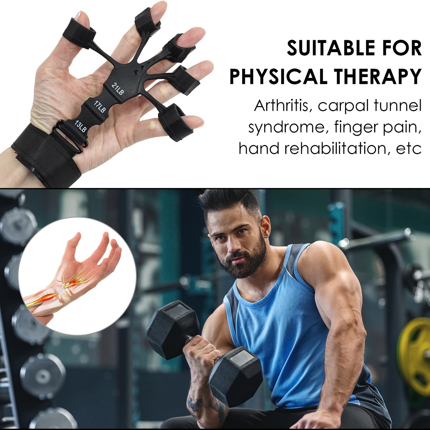 2PCS Grip Strength Trainer, Finger Exerciser, Double Sided Grip Strength Trainer for Rock Climbing and Hand Therapy, Adjustable Finger Extension Exerciser Builds Hand Strength for Relieve Pain(Black+Grey)