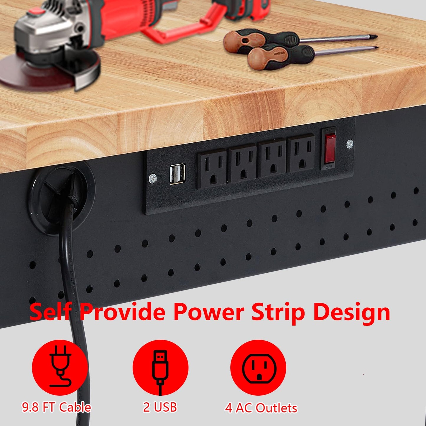 Garvee 72 x 25 Inch Adjustable Workbench, Heavy-Duty Workbench with a 2000 lb Load Capacity, Metal Frame with Power Outlets & Casters, Rubberwood Top Workbench for Workshops, Garages