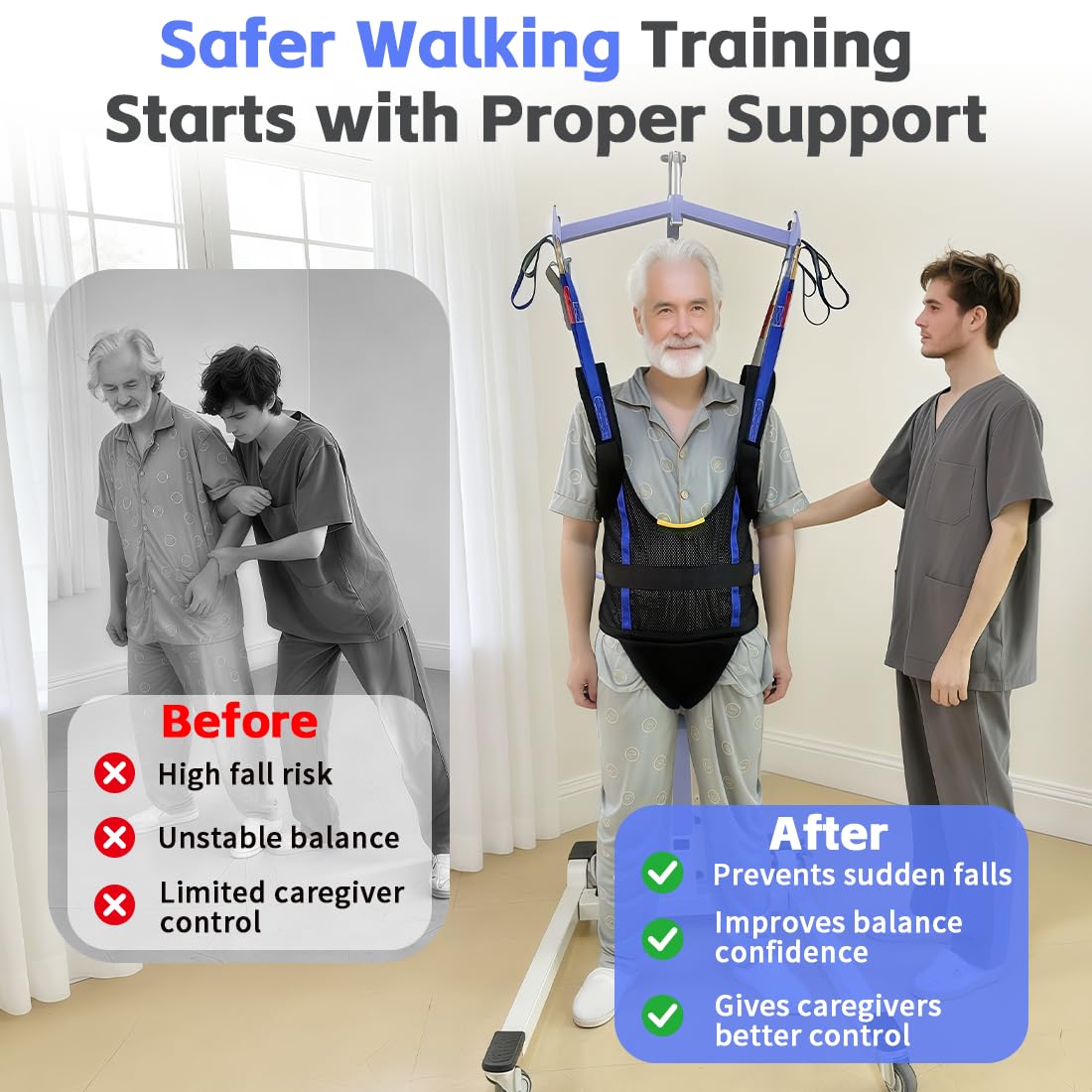 EHUCONELDEX Patient Walking Sling for Ambulation Training,Comfort Padded Lift Walking Sling Standing Aids Suitable for Portable Support -SWL 550 Lbs (Black, Medium)