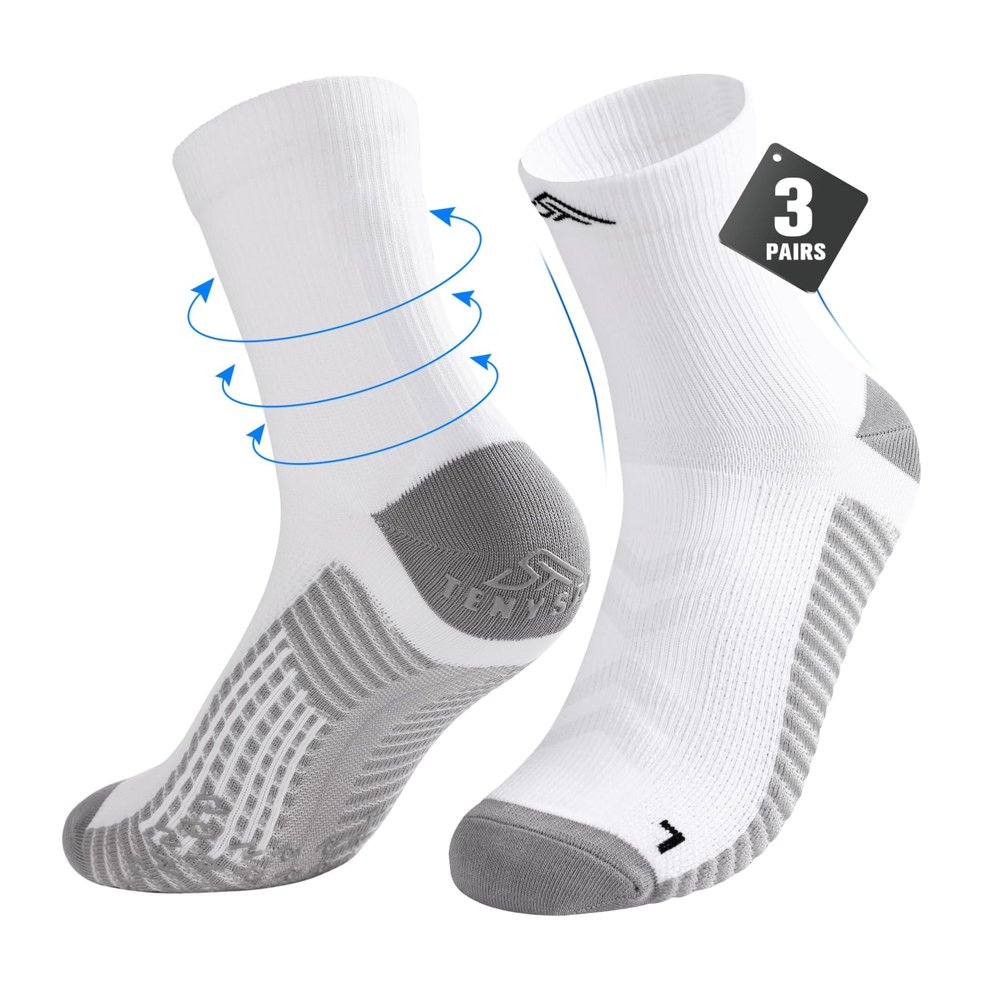 TENYSAF Men's Compression Socks for Running: 3 Pairs Grip Athletic Socks - Breathable Non-Slip for Runner Gym Badminton Sports White Size 9-13