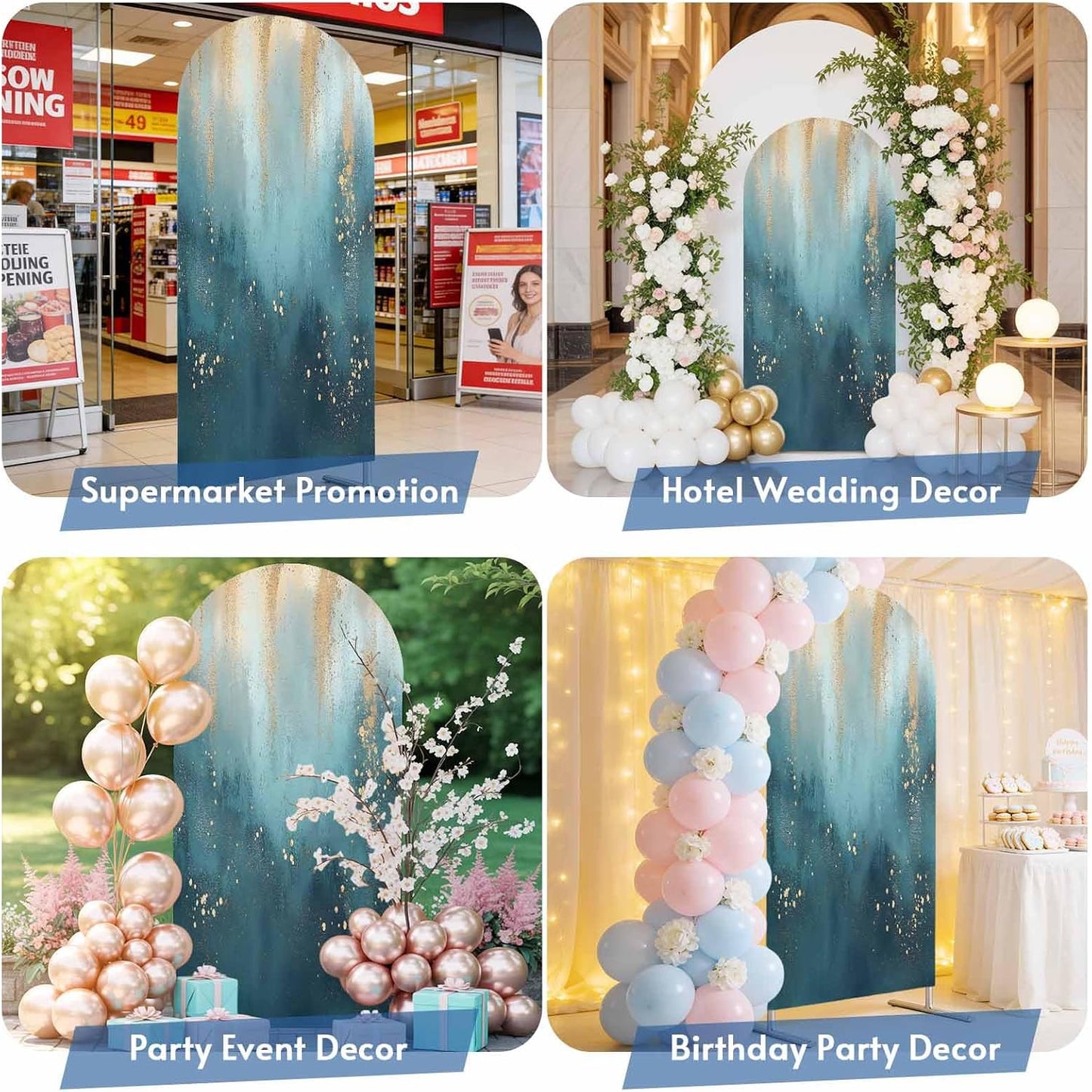 Jnbasdffb 7.2 Turquoise Gold Geometric Wedding Arch Cover,Stretchy Spandex Arch Backdrop Stand Covers FT,Modern