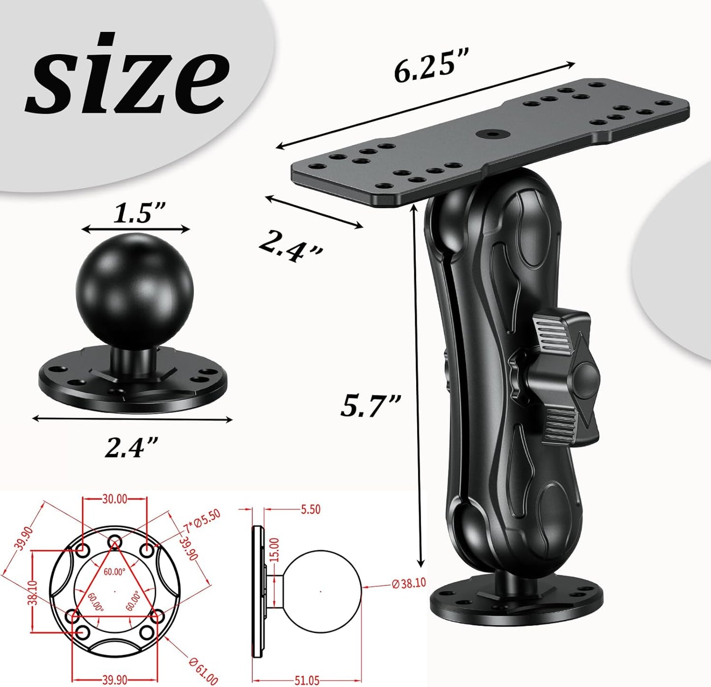 LOKTENWO 1.5" 5.7" Humminbird, Aluminum Alloy Fish Finder Mount Base with C Size Ball Rectangle Plate & Medium Arm
