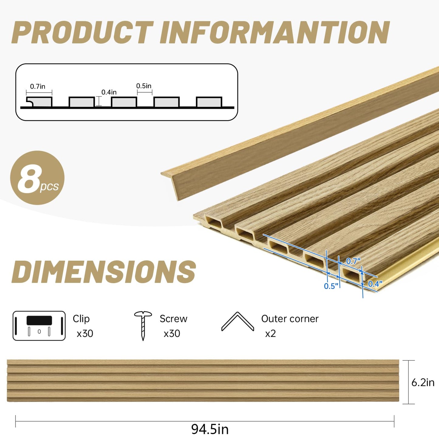 Tepanecov WPC Slat Wall Paneling, 8-Pack Wood 3D Wall Panels for Interior Wall Decor, TV Background, Living Room, 94.5 x 6 in (Oak)