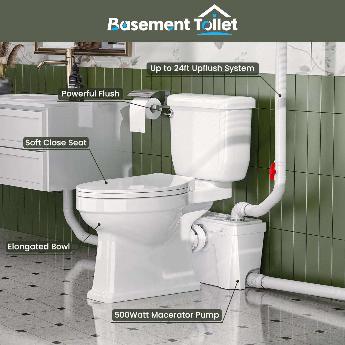 Macerating Toilet with 4 Water Inlets – Upflush Toilet System with Macerator Pump for Basement, Bathroom, Kitchen, and RV Installation – Round Bowl Toilet with Tank & Extension Pipe