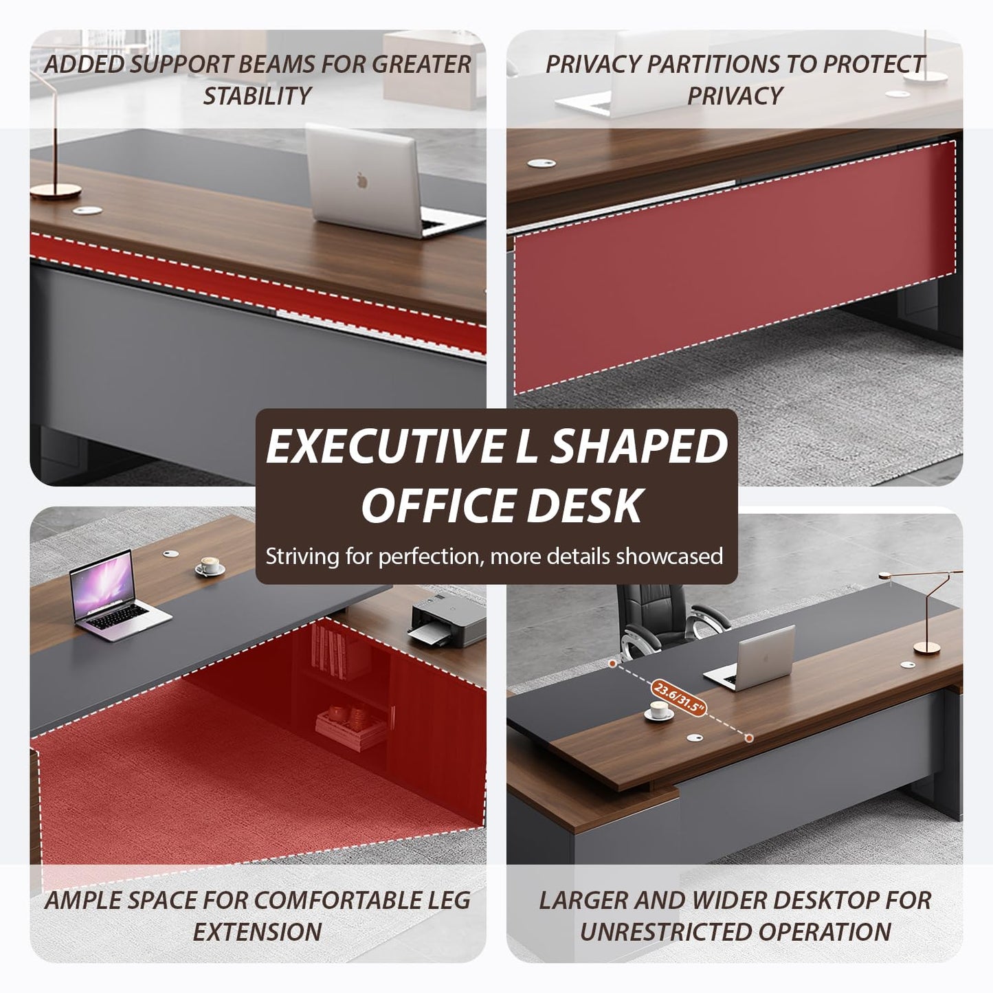 EQWZUPD Executive Office Desk, L Shaped, 1'' Thick Tabletop, Solid Wood Board, with Side cabinets and Wire Holes, Drawer with Lock, for Executive Desks,Boss Table,Computer Desk,Home Office Furniture
