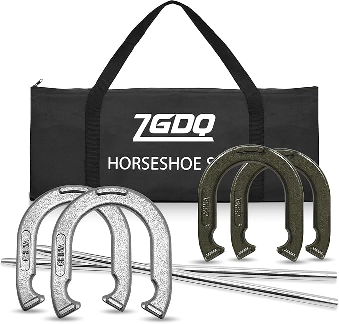 Horseshoe Outside Game,Sports Horseshoes Sets,Horse Shoe Game Kit,Steel Horseshoe Game Sets,Horseshoes Outdoor Game Set for Lawn, Beach, Backyard,Includes 4 Horseshoes, 2 Steel Stakes and Carrying Bag