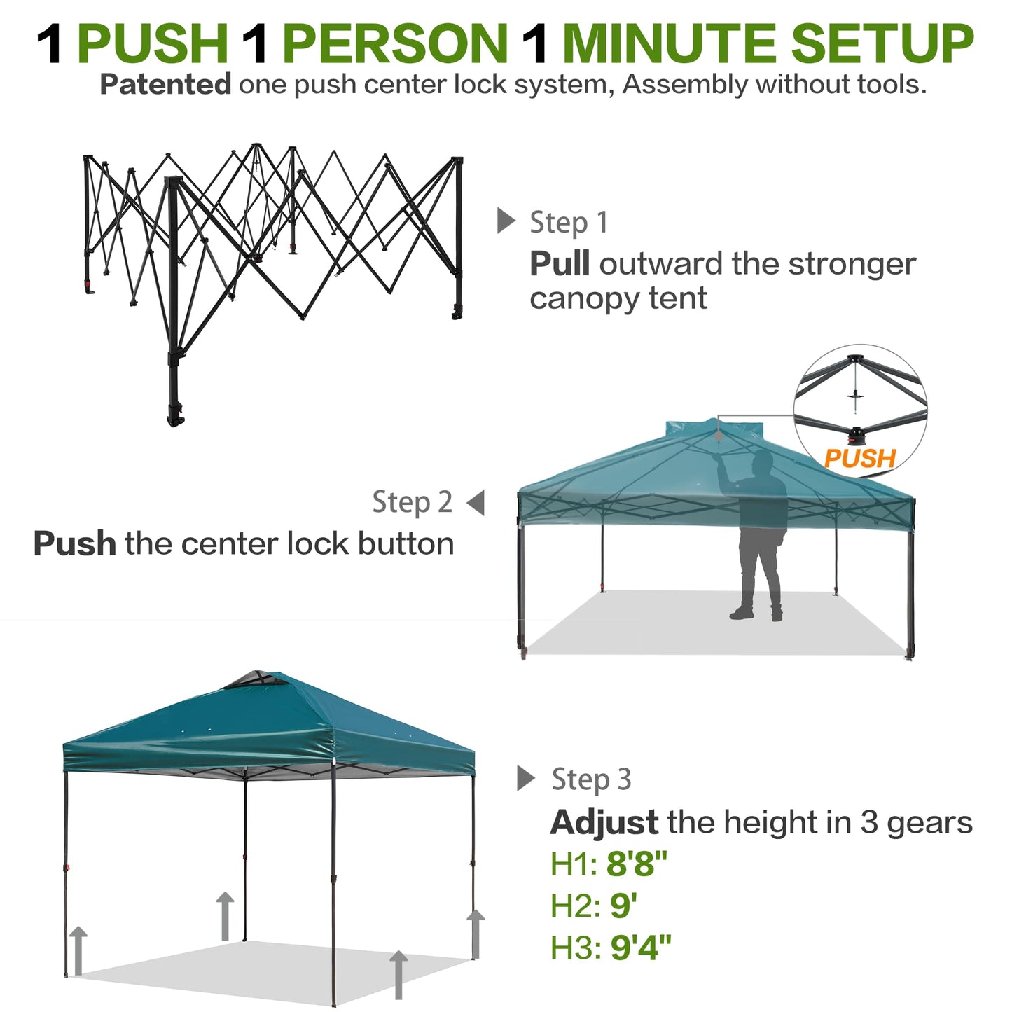 Tunbne 10'x10' Pop Up Canopy Tent with 1 Sidewall and 6 Pockets, One Push Setup, Instant Shade Tent with Vented Roof for Beach Patio Outdoor, Case, 8 Stakes, 4 Ropes, 4 Sandbags (Green, 10x10)