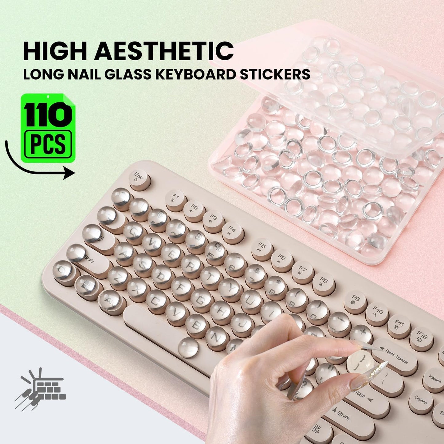 110PCS Keyboard Cover Stickers for Long Nails - Clear Glass Bubbles Long Nail Keyboard Cover, Raised Acrylic Nail Art