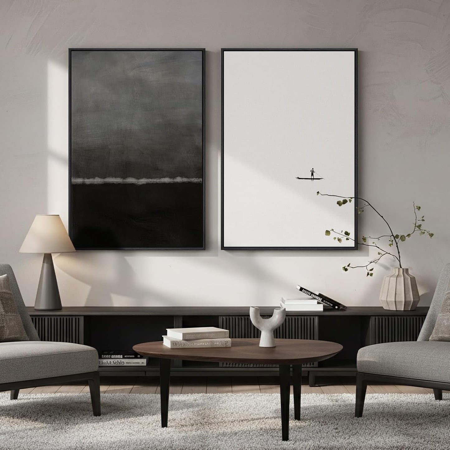 Skiennix Framed Black and White Abstract Wall Art - Large Set of 2 Minimalist Canvas Prints | 24x36 In Seascape Decor for Living Room, Bedroom, Office