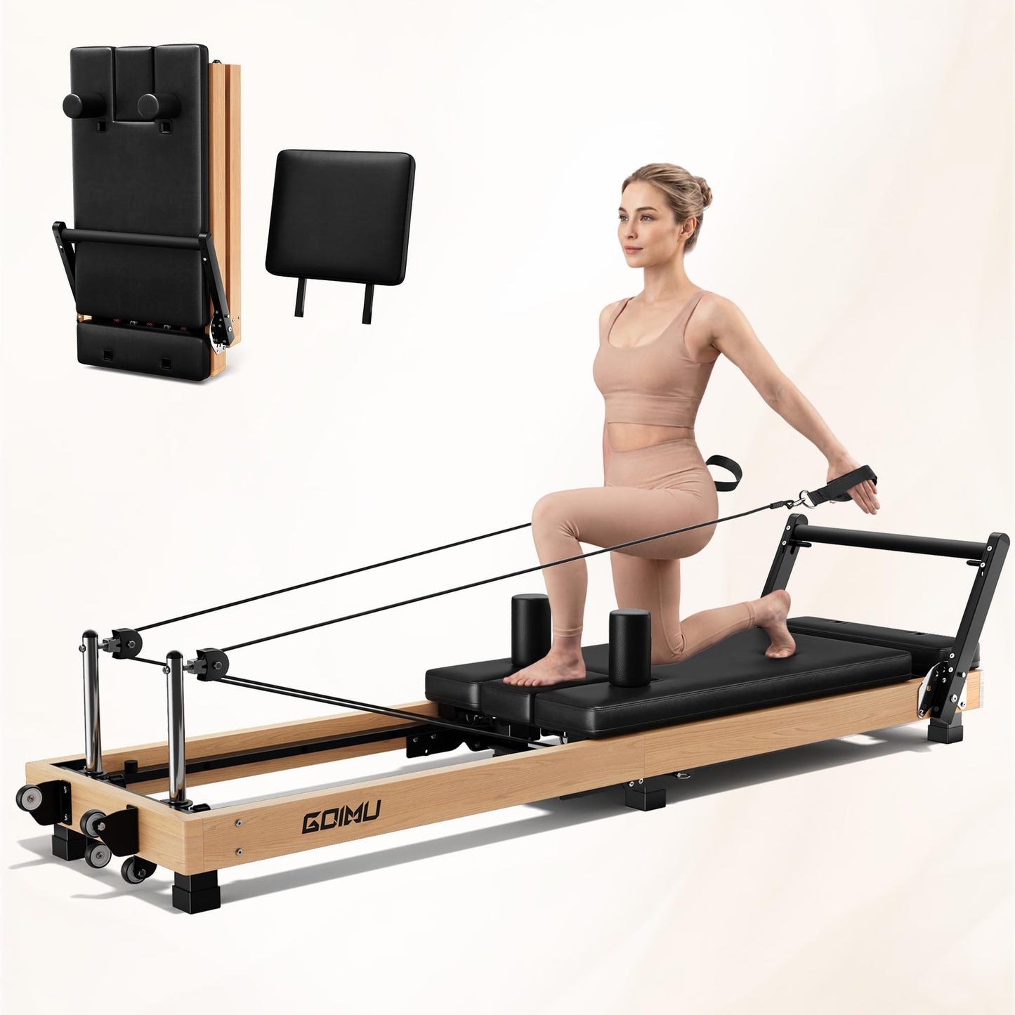 GOIMU Pilates Reformer, 91" Wooden Pilates Reformer Machine with Springs, Foldable Pilates Machine for Studio and Home, Oak Pilates Equipment with Jump Board