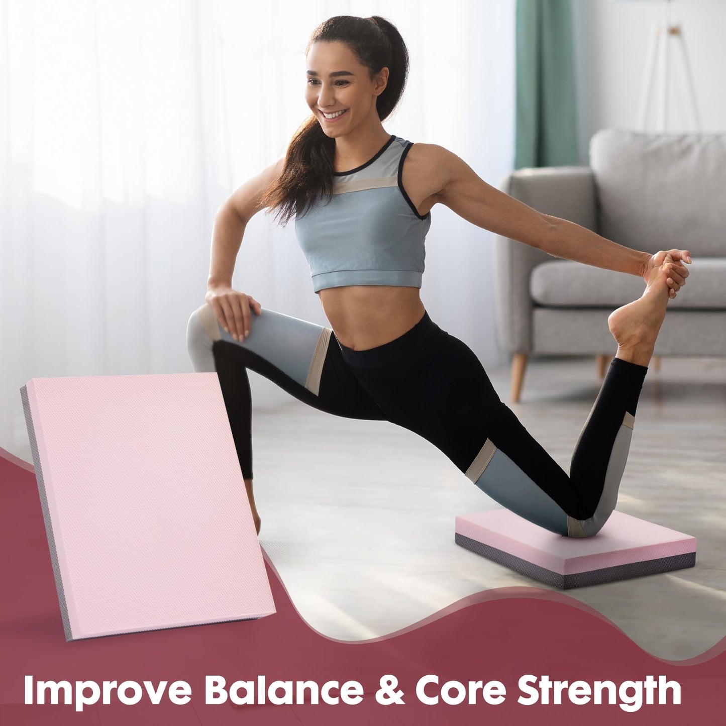 Balance Pad- High-Density Foam Cushion Mat for Yoga, Exercise & Fitness, Non-Slip Stability Trainer for Core Workouts, Thick Foam Balance Board (16x13x2.4 Inches, Pink & Gray)