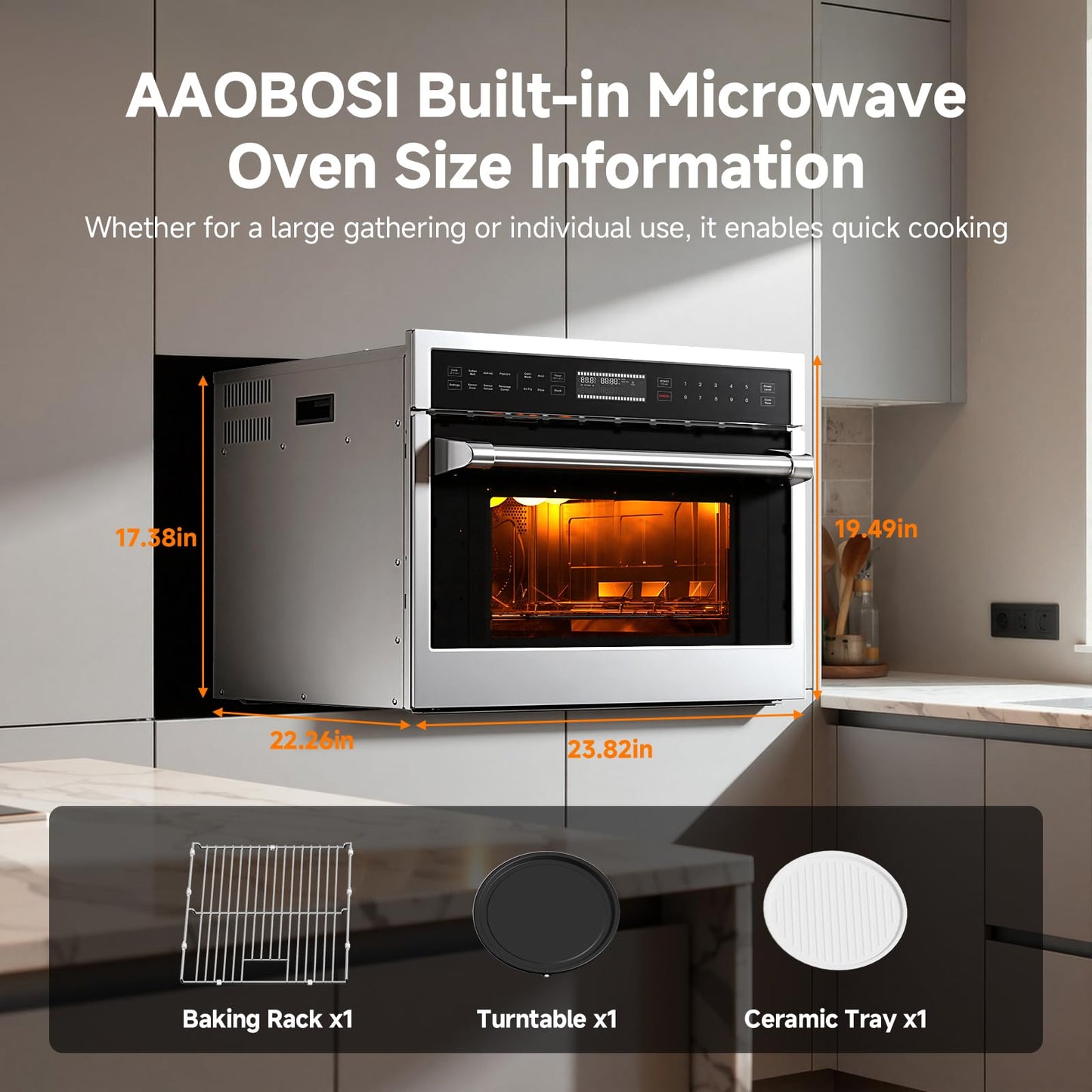 AAOBOSI 24 Inch Built in Microwave Oven,1.6 Cu.Ft Wall Microwave Convection Ovens Air Fryer Combos, 1000Watt Power Sensor&Auto Cook, 10 Cooking Modes, Drop Down Door,Stainless Steel