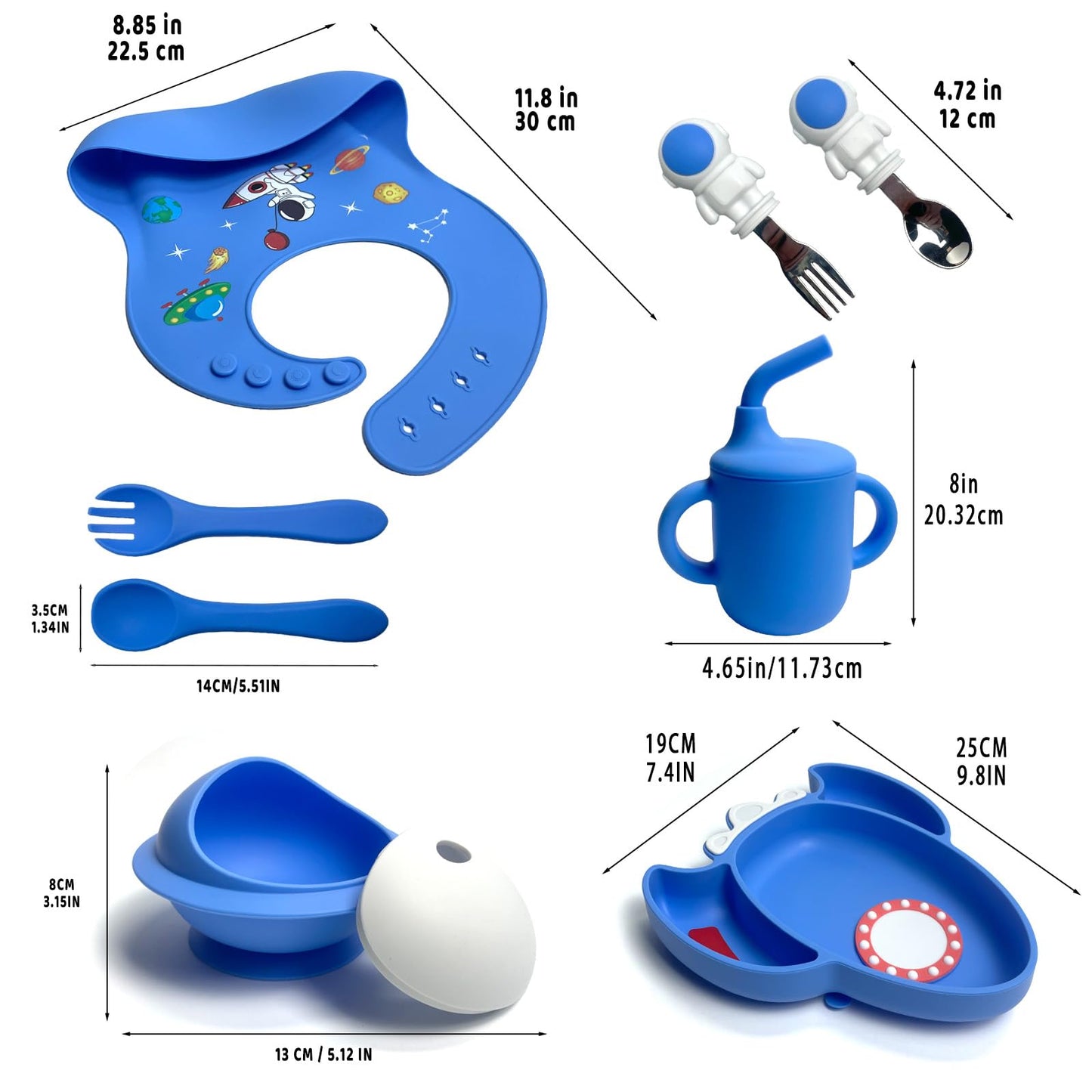 8 PCS Silicone Baby Feeding Set, Astronaut Theme, Spoons, Fork, Silicone Bibs, Baby Sippy Cups, Plate Bowl Set Baby Eating Essentials Led Weaning Toddler (Blue)