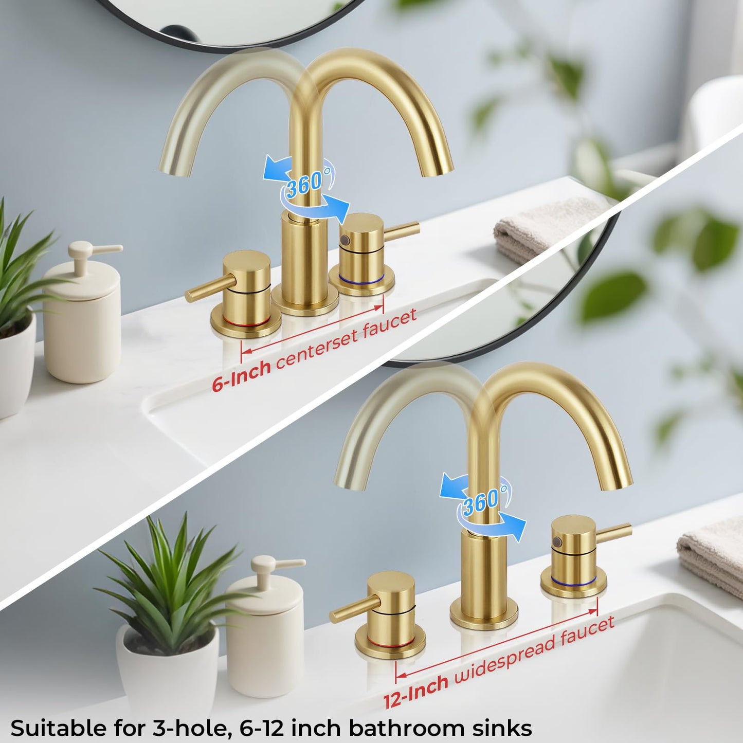 IUERASD Bathroom Faucet 3 Hole, Brushed Gold Bathroom Sink Faucet with Pop Up Drain, 8 inch Widespread Bathroom Faucet with 360° Swivel Spout, 2 Handle Vanity Faucet with Water Supply Hoses