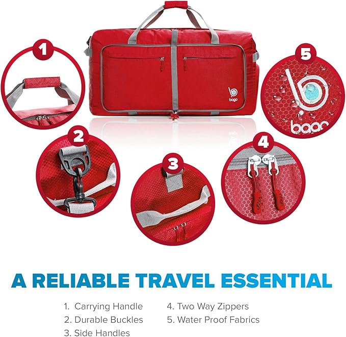 Bago Big XXL Foldable Duffel Bags for Traveling Women & Men - 140L Packable Duffle Bag for Travel with Shoe Compartment - Water Repellant, Heavy Duty, Lightweight Folding & Collapsible (Red)
