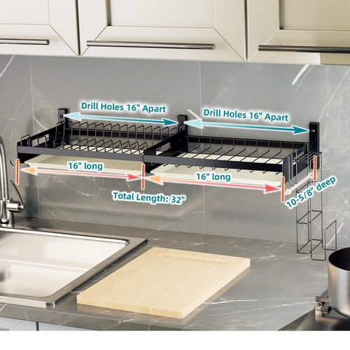 Besamery Hanging Wall Mounted Dish Drying Rack with Cutting Board Rack*1, Hook*4, Drain Tray*2, Apartment & RV Wall Mounted Dish Rack, Adhesive Mountable, Mounted Length: 31.8", Washable (Black)