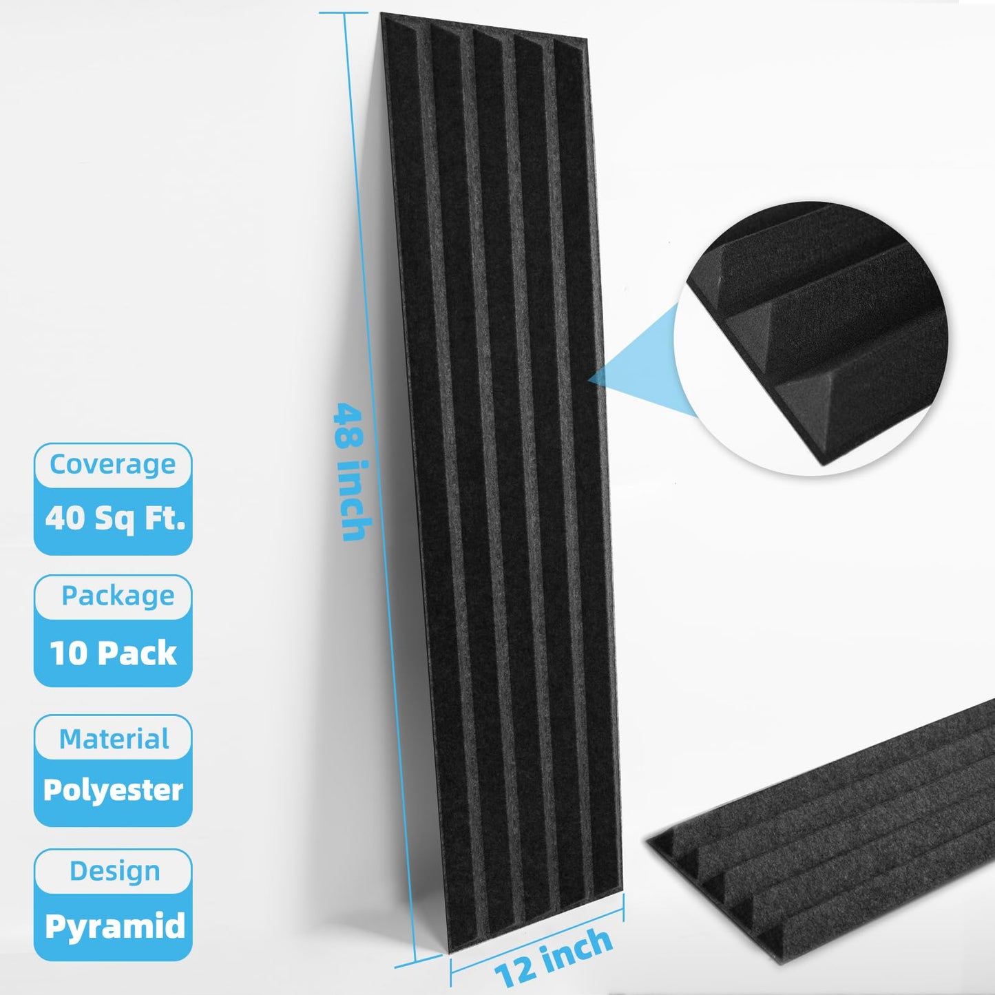 Art3d 10-Pack Peel and Stick Acoustic Panels with Acrylic Tape - 12 x 48 inches, Self Adhesive Sound Absorbing Polyester Wall Panels for Home Office Studio, Black
