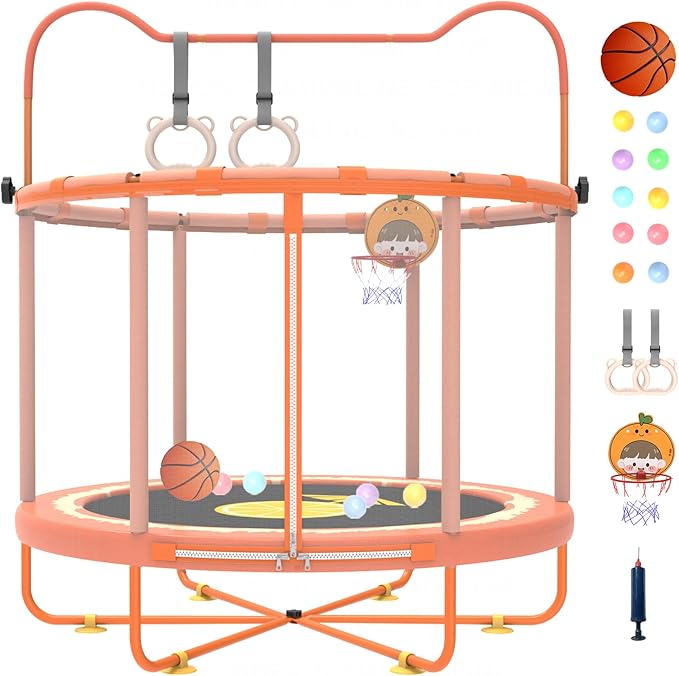 Gardenature 60" Kids Trampoline Indoor, 5ft Toddler Mini Trampoline with Basketball Hoop, Gymnastics Bar, Rings, Christmas Toys Birthday Gifts for Girls Boys Age 3-8