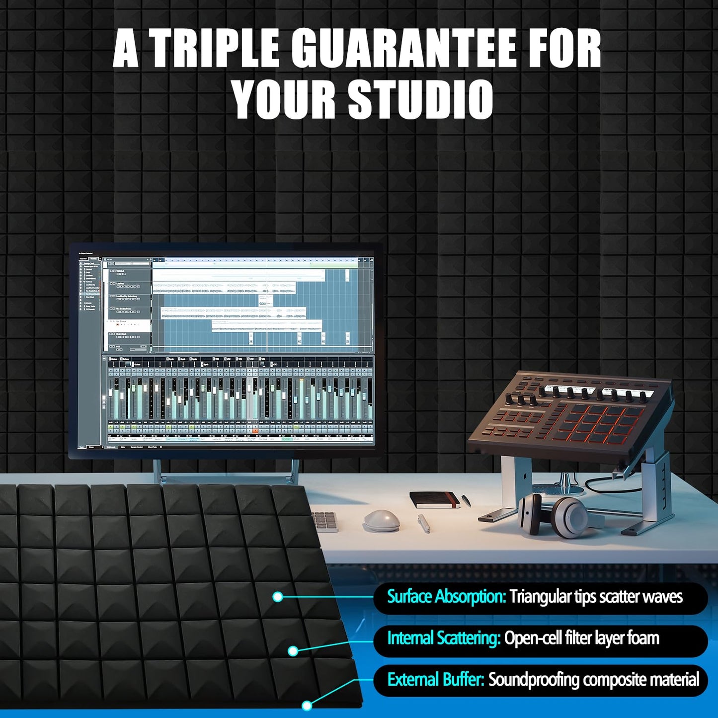 4 Pack Acoustic Panels, 48 x 24 x 2" Sound Proof Foam High Density Studio Wedge Tiles Fire Resistant Acoustic Panels for Home Office, Echo Reduction, Studio,Noise Dampening (Black-4 Pack)