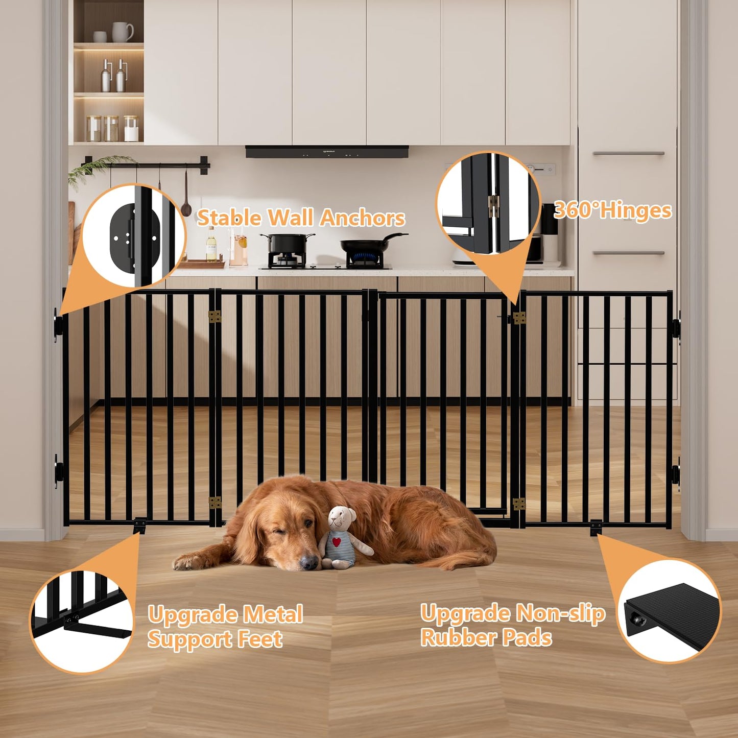 Lezbanz Full Metal Freestanding Dog Gates with Door, 32" Height Dog Fences for Indoor & Outdoor, Extra Wide Foldable Pet Gates for Stairs, Hallways, Doorways, Yard (4 Panels, 80" W × 32" H)