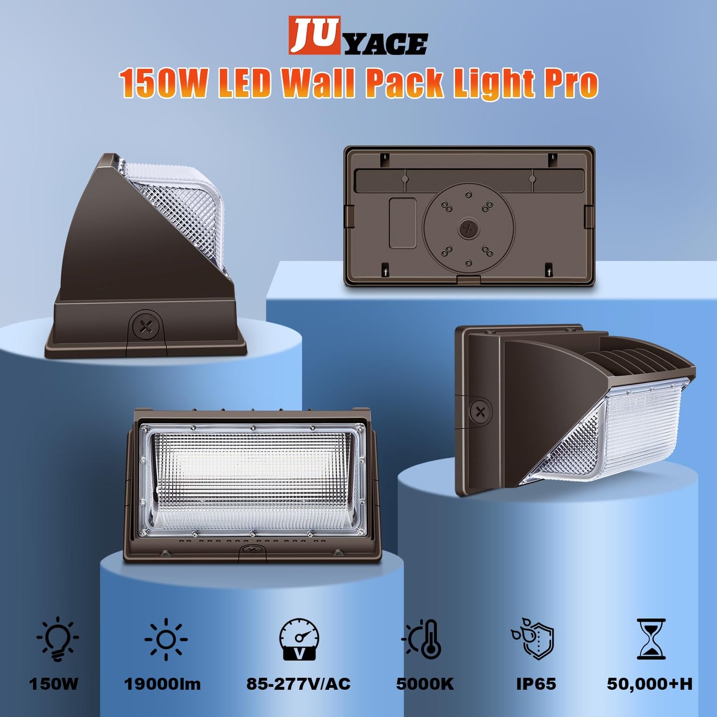 Juyace 4-Pack 150W LED Wall Pack Light, Dusk to Dawn Sensor, 5000K IP65 Outdoor Security Flood Light, Commercial Wall Mount Fixture for Building Exterior, Garage, Parking Lot