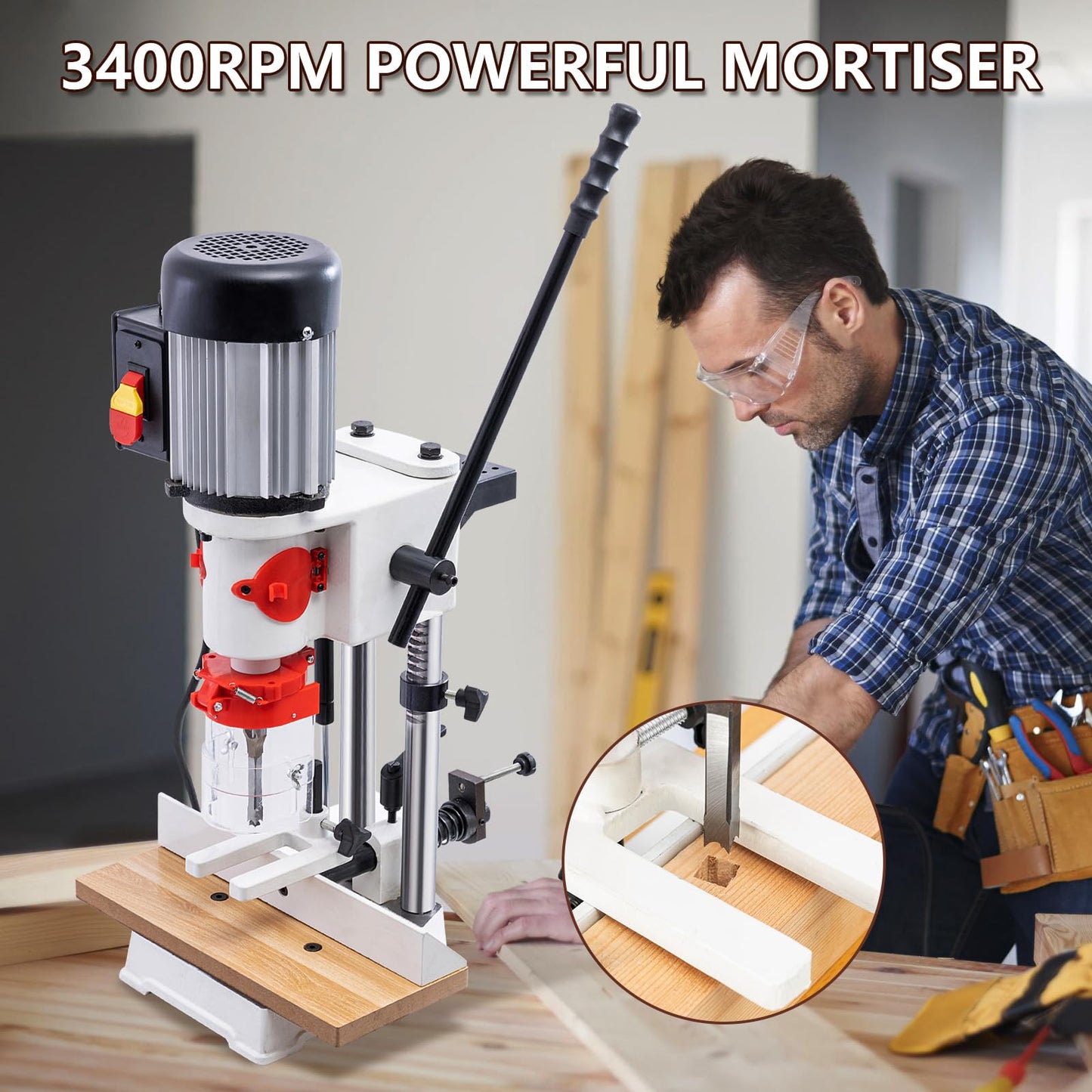 Benchtop Mortiser, 3400RPM 3/4HP Woodworking Mortising Machine with 1/4", 3/8", 1/2" Chisels Wooden Workbench, Benchtop Drill Press for Making Round Holes Square Holes Or Special Square Holes