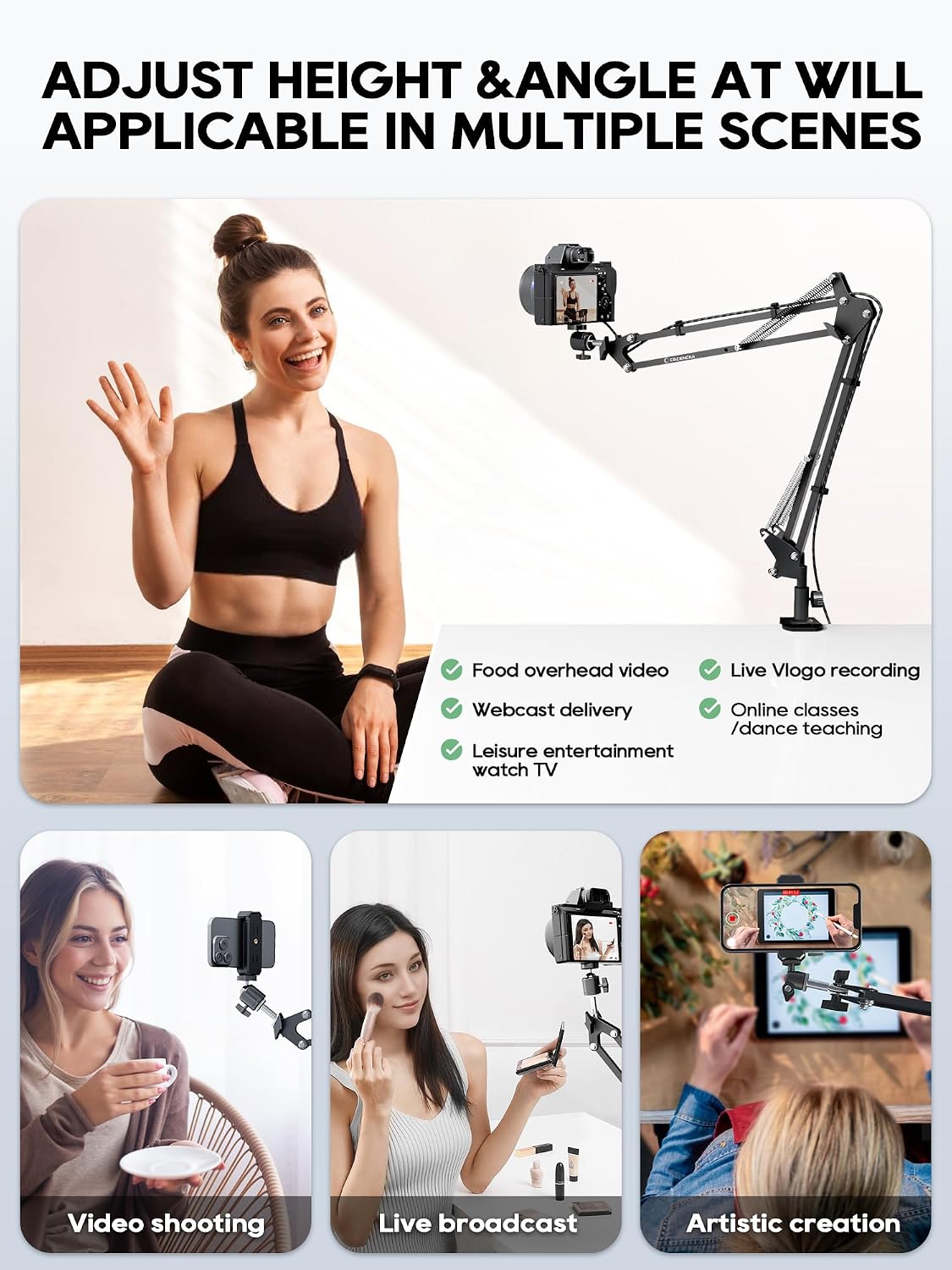 CACENCAN 5lb 360 Overhead Camera Mount, Desk Camera Mount with Articulating Arm, Load Capacity, Adjustable Stand