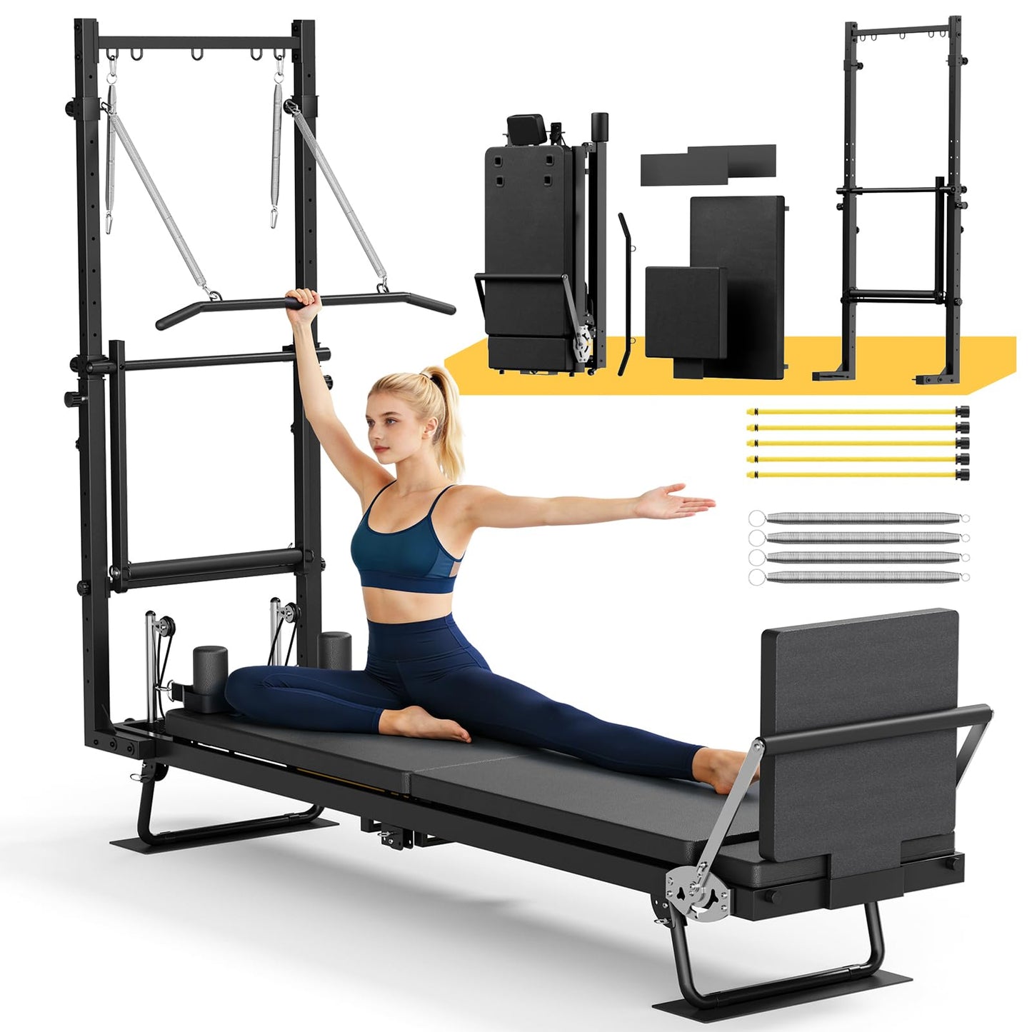 Buytime Pilates Reformer Machine with Tower, 93" Foldable Reformer Pilates Machine with Jumpboard and Wire Spings, Reformer Pilates Machine for Home Gym, Black